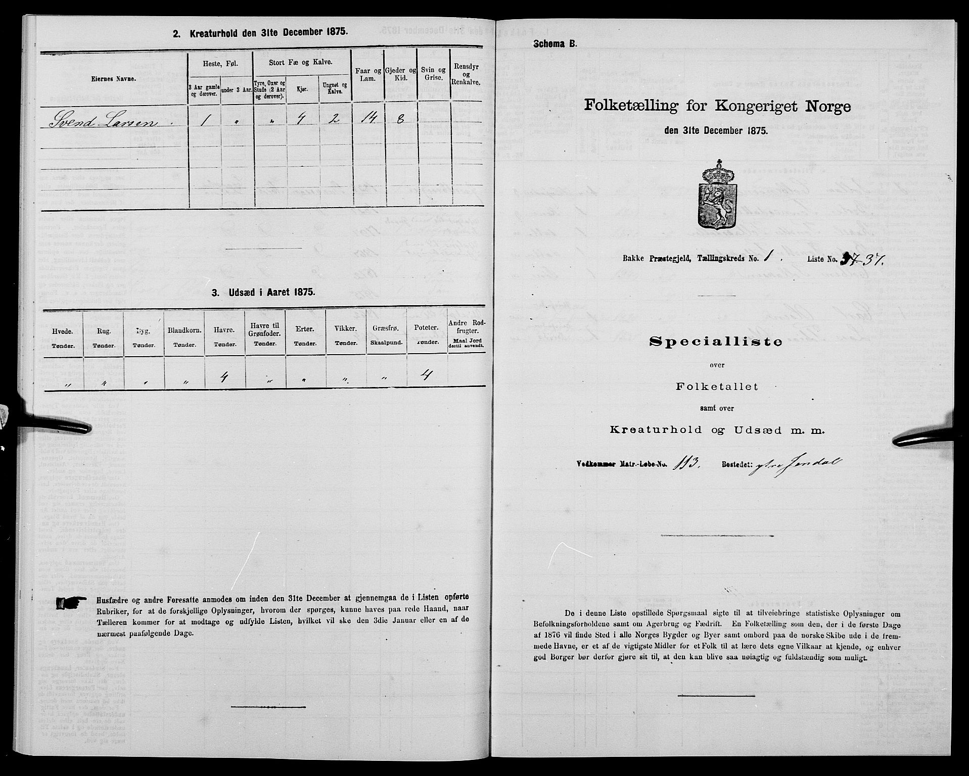 SAK, 1875 census for 1045P Bakke, 1875, p. 130