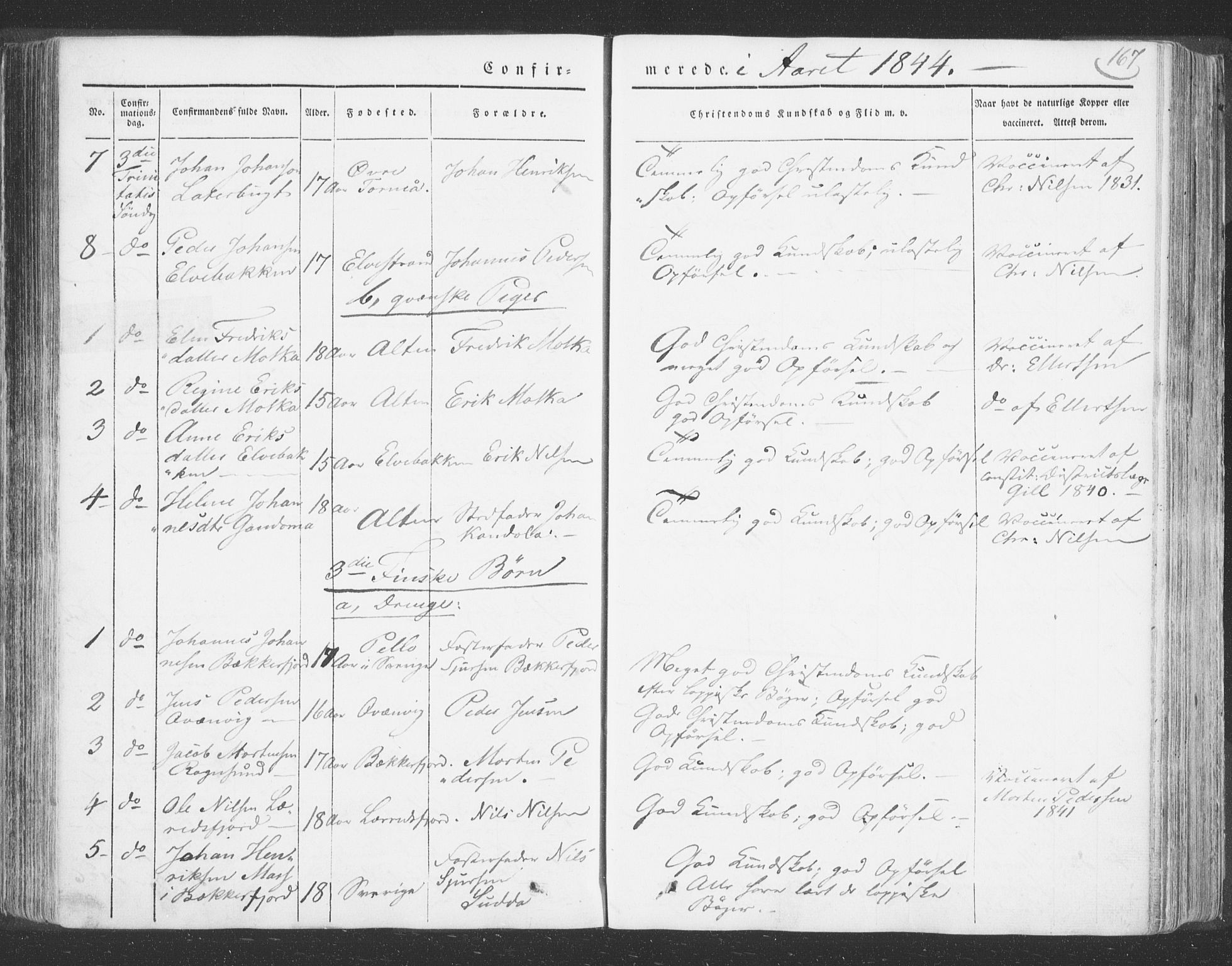 Talvik sokneprestkontor, AV/SATØ-S-1337/H/Ha/L0009kirke: Parish register (official) no. 9, 1837-1852, p. 167