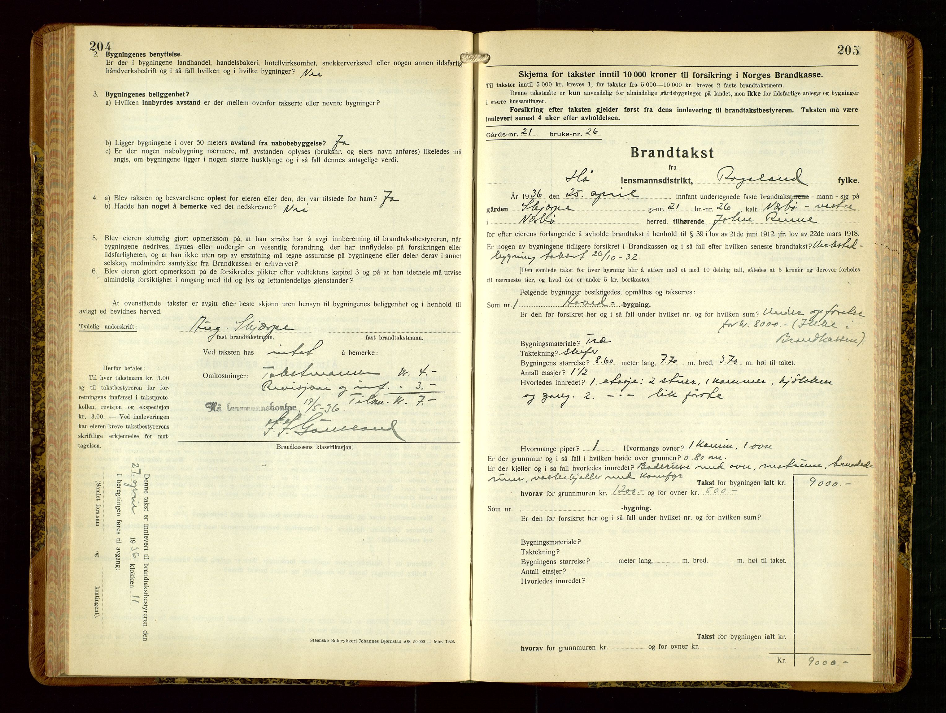 Hå lensmannskontor, AV/SAST-A-100456/Goa/L0006: Takstprotokoll (skjema), 1932-1938, p. 204-205