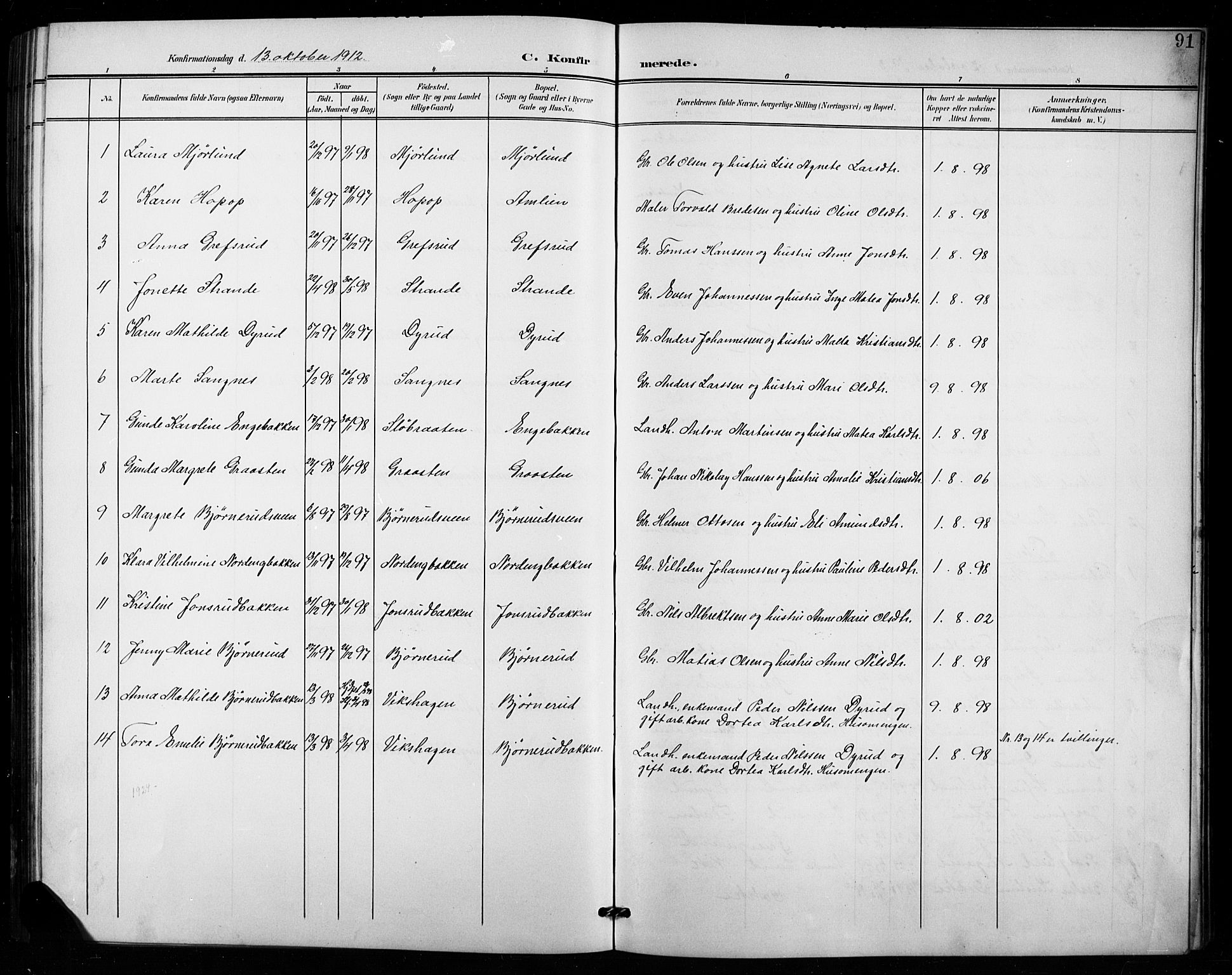 Vestre Toten prestekontor, AV/SAH-PREST-108/H/Ha/Hab/L0016: Parish register (copy) no. 16, 1901-1915, p. 91