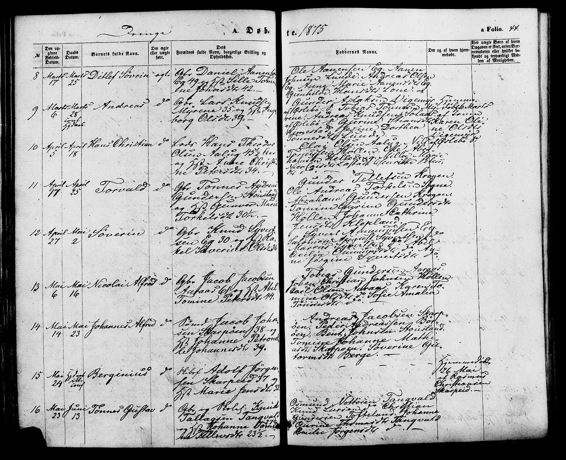 Søgne sokneprestkontor, SAK/1111-0037/F/Fa/Fab/L0011: Parish register (official) no. A 11, 1869-1879, p. 44