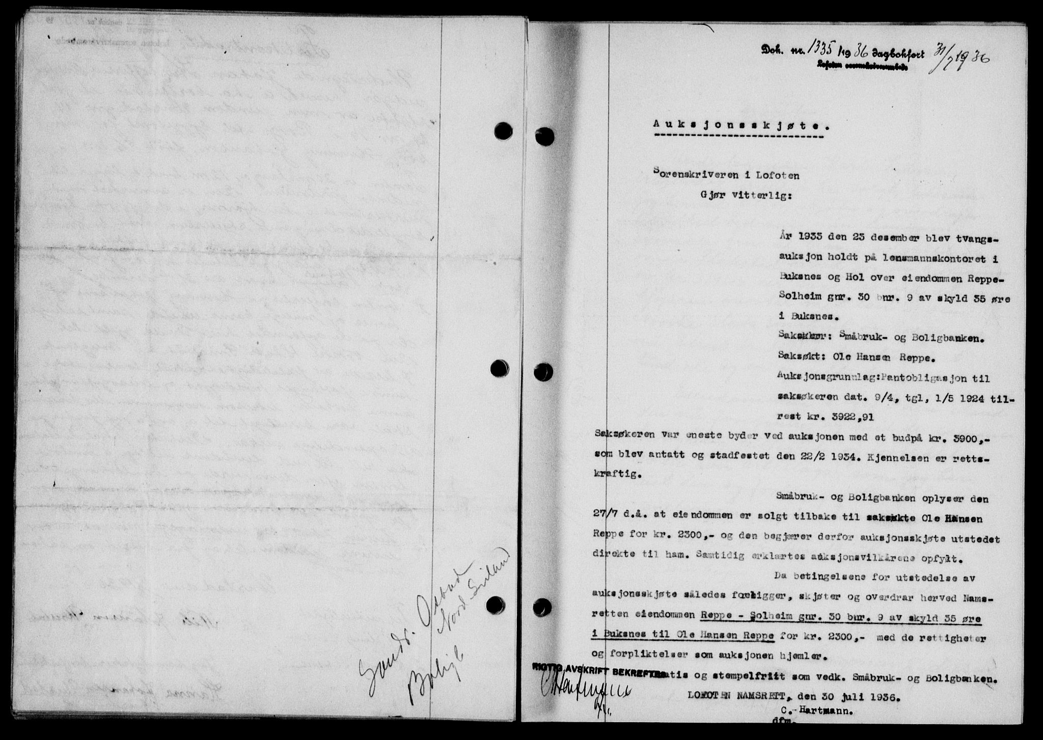 Lofoten sorenskriveri, SAT/A-0017/1/2/2C/L0001a: Mortgage book no. 1a, 1936-1937, Diary no: : 1335/1936