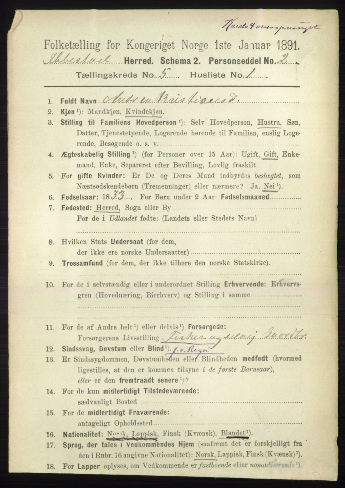 RA, 1891 census for 1917 Ibestad, 1891, p. 2934