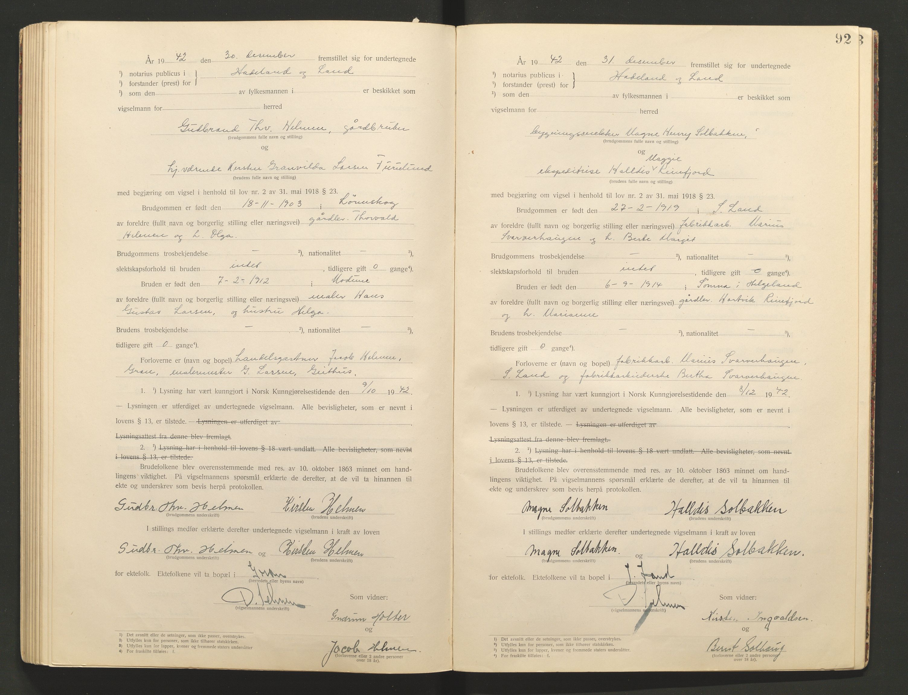 Hadeland og Land tingrett, AV/SAH-TING-010/L/Lb/L0001: Vigselbok, 1920-1943, p. 92