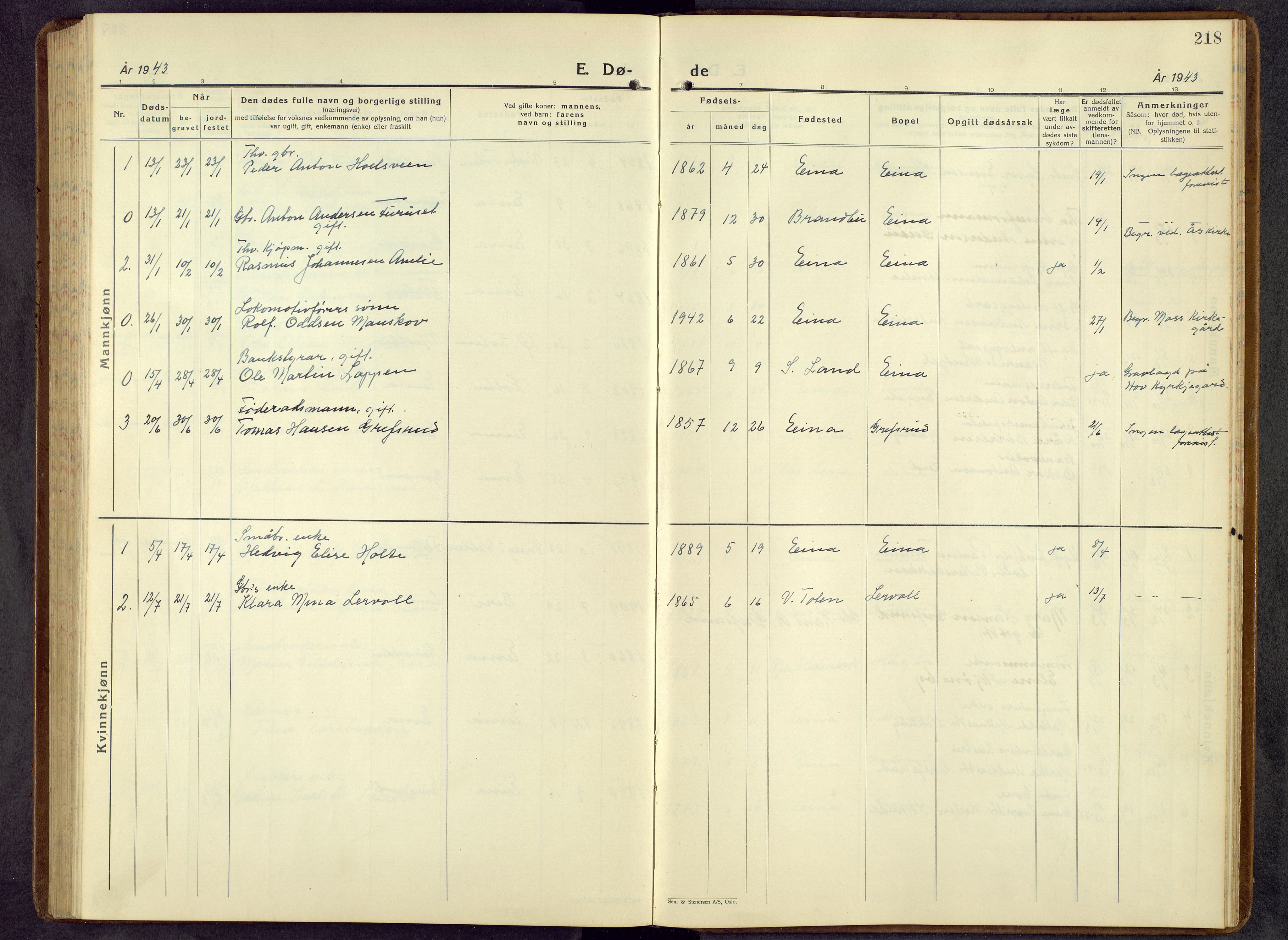 Kolbu prestekontor, AV/SAH-PREST-110/H/Ha/Hab/L0003: Parish register (copy) no. 3, 1935-1966, p. 218