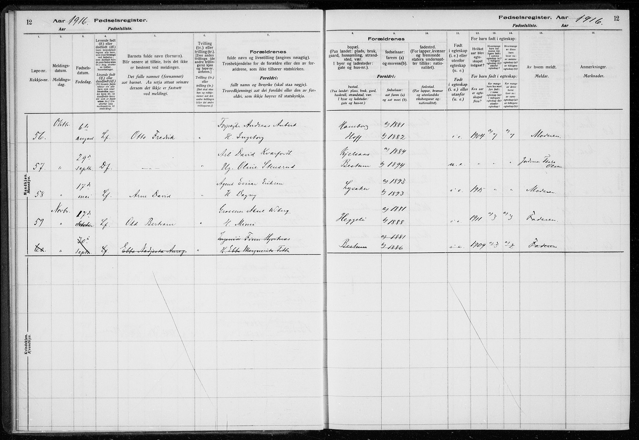 Ullern prestekontor Kirkebøker, AV/SAO-A-10740/J/L0001: Birth register no. 1, 1916-1928, p. 12