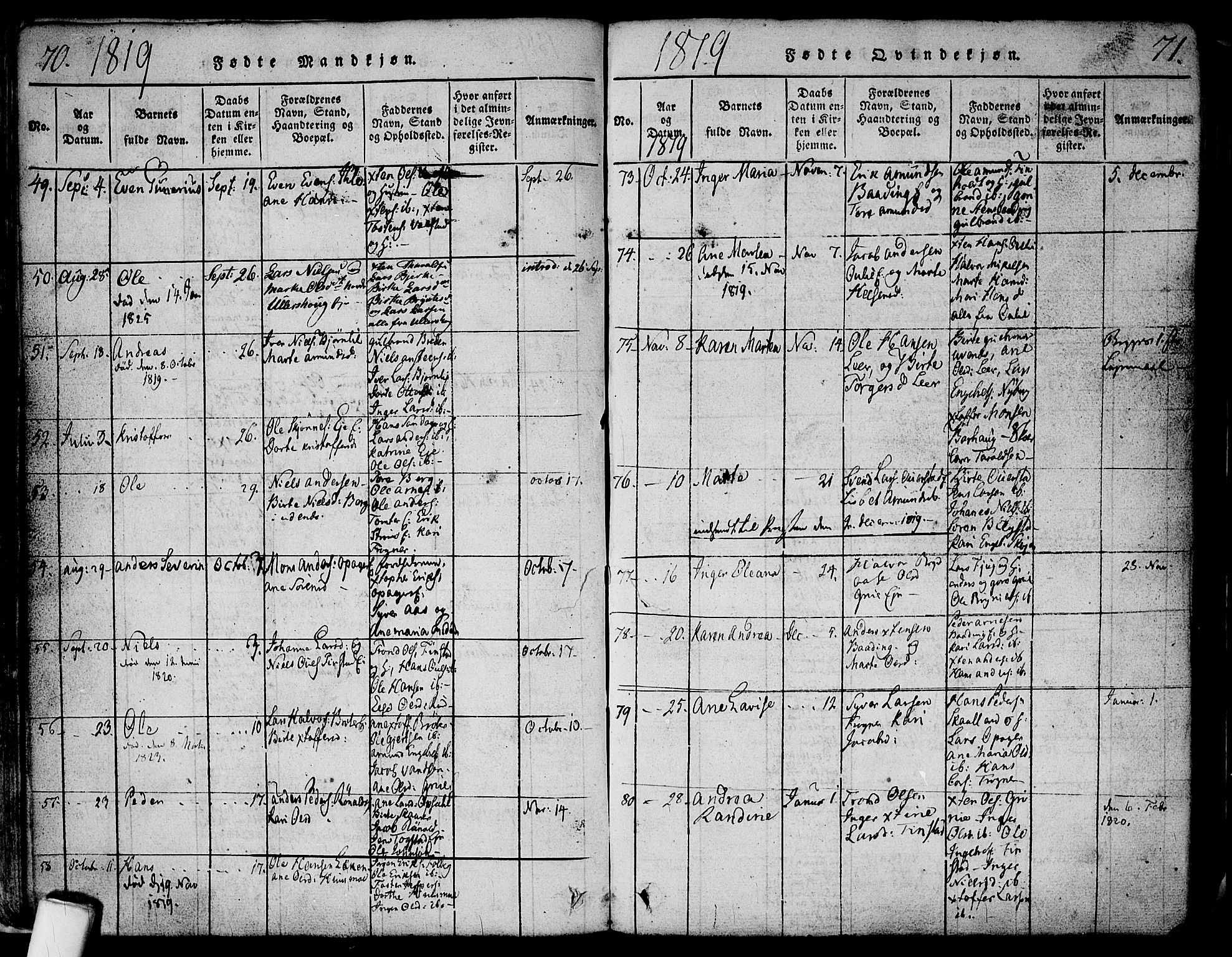 Nes prestekontor Kirkebøker, AV/SAO-A-10410/F/Fa/L0005: Parish register (official) no. I 5, 1815-1835, p. 70-71