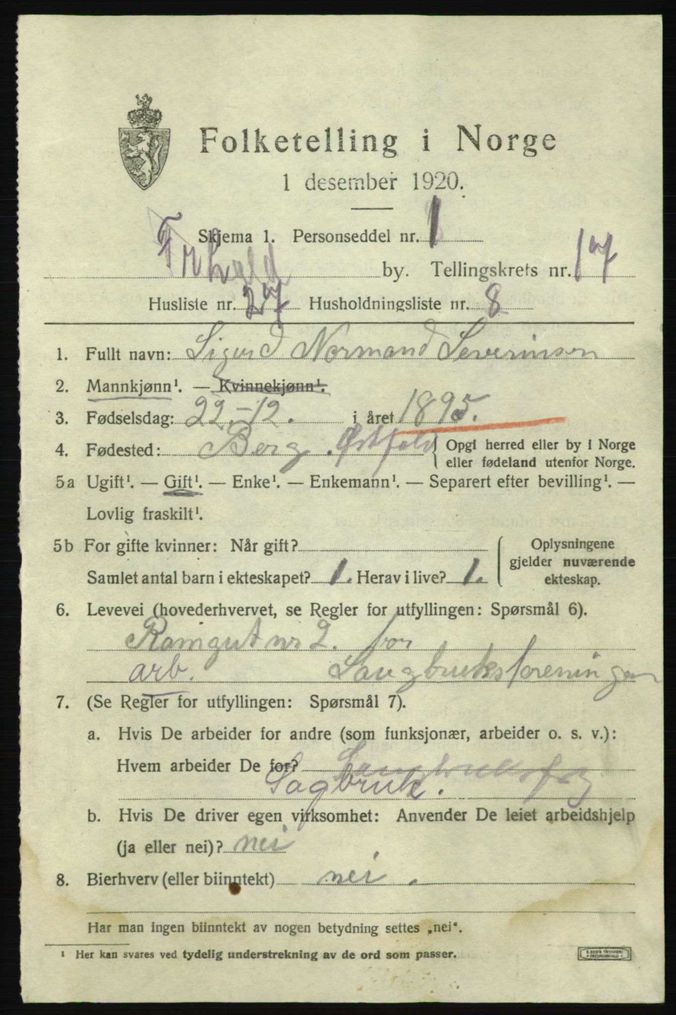 SAO, 1920 census for Fredrikshald, 1920, p. 26596