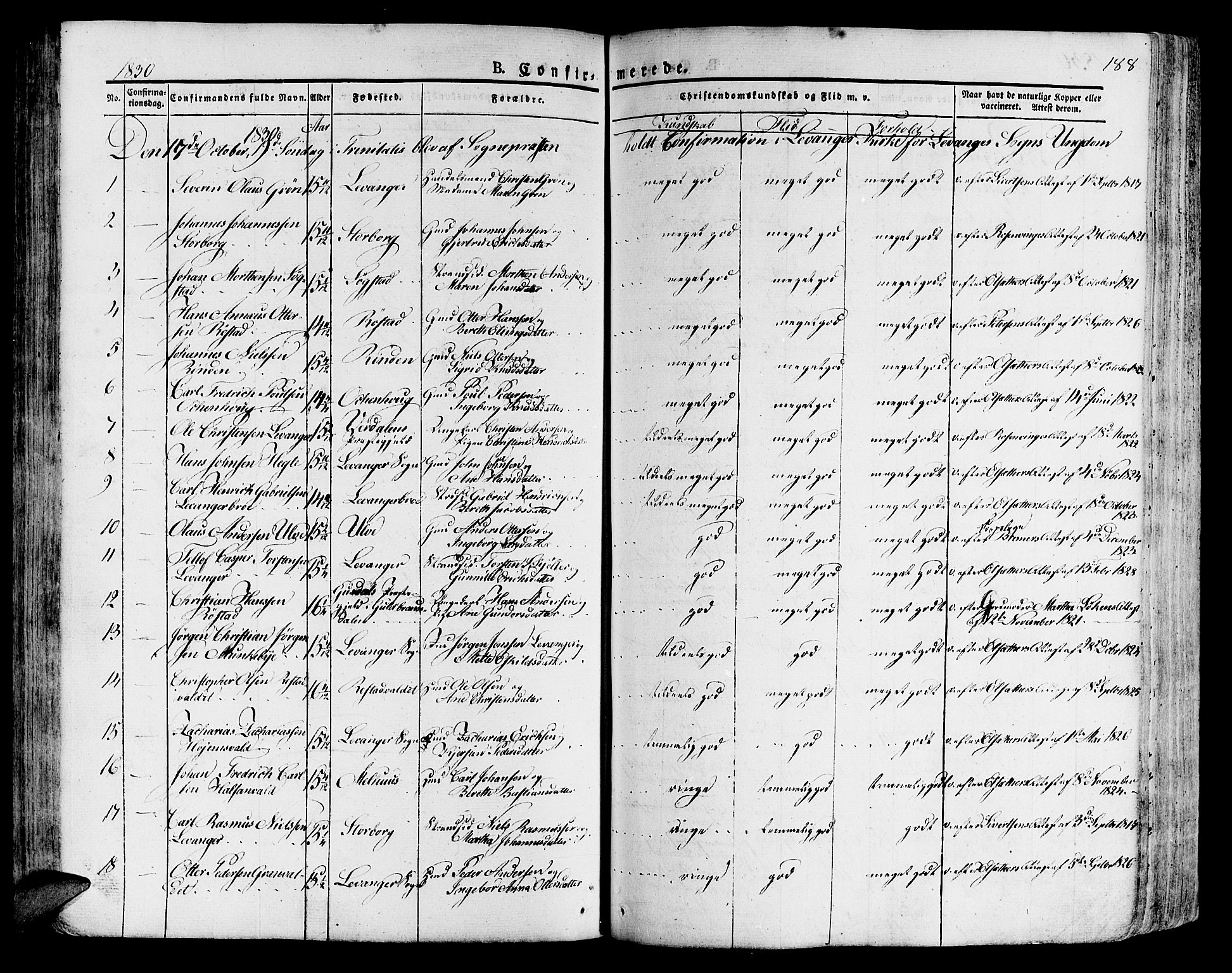 Ministerialprotokoller, klokkerbøker og fødselsregistre - Nord-Trøndelag, AV/SAT-A-1458/717/L0152: Parish register (official) no. 717A05 /1, 1825-1836, p. 188