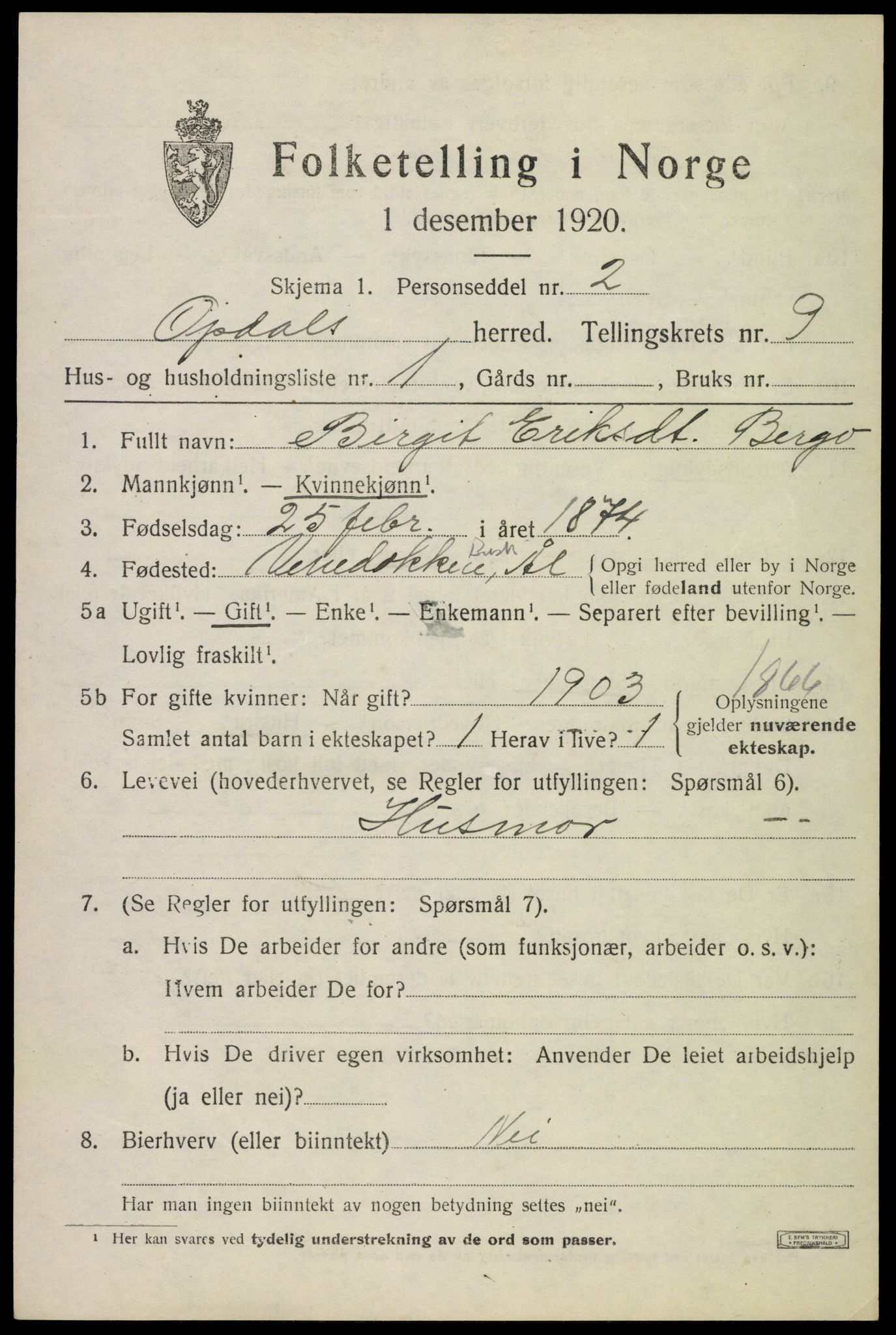 SAKO, 1920 census for Uvdal, 1920, p. 3431