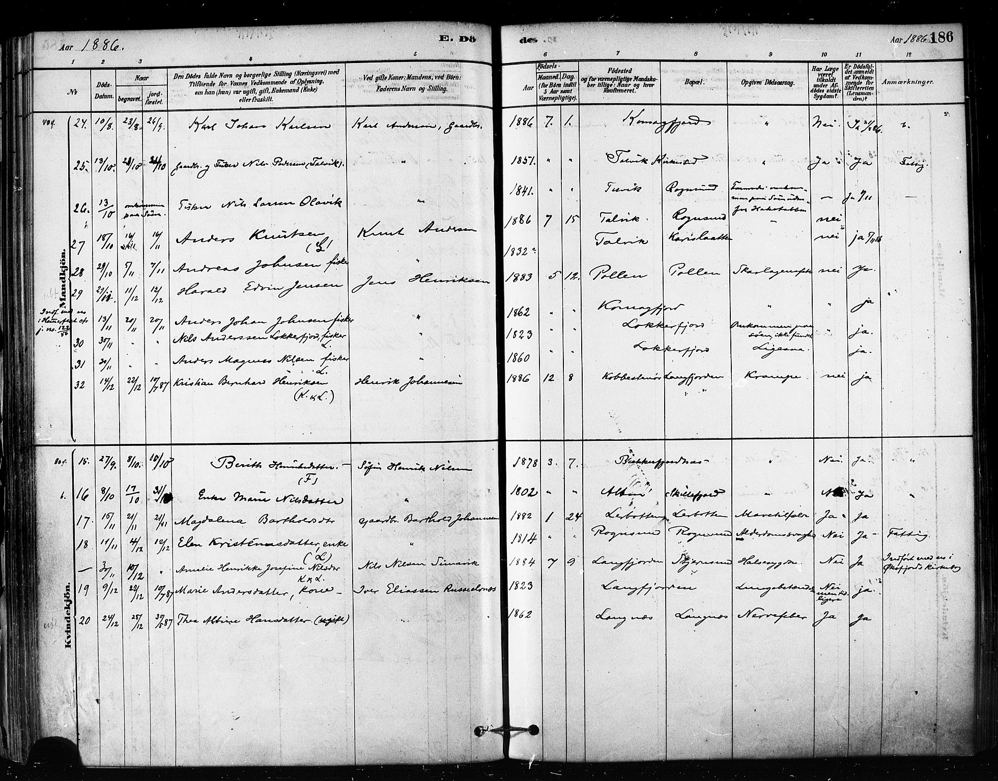 Talvik sokneprestkontor, AV/SATØ-S-1337/H/Ha/L0012kirke: Parish register (official) no. 12, 1878-1886, p. 186