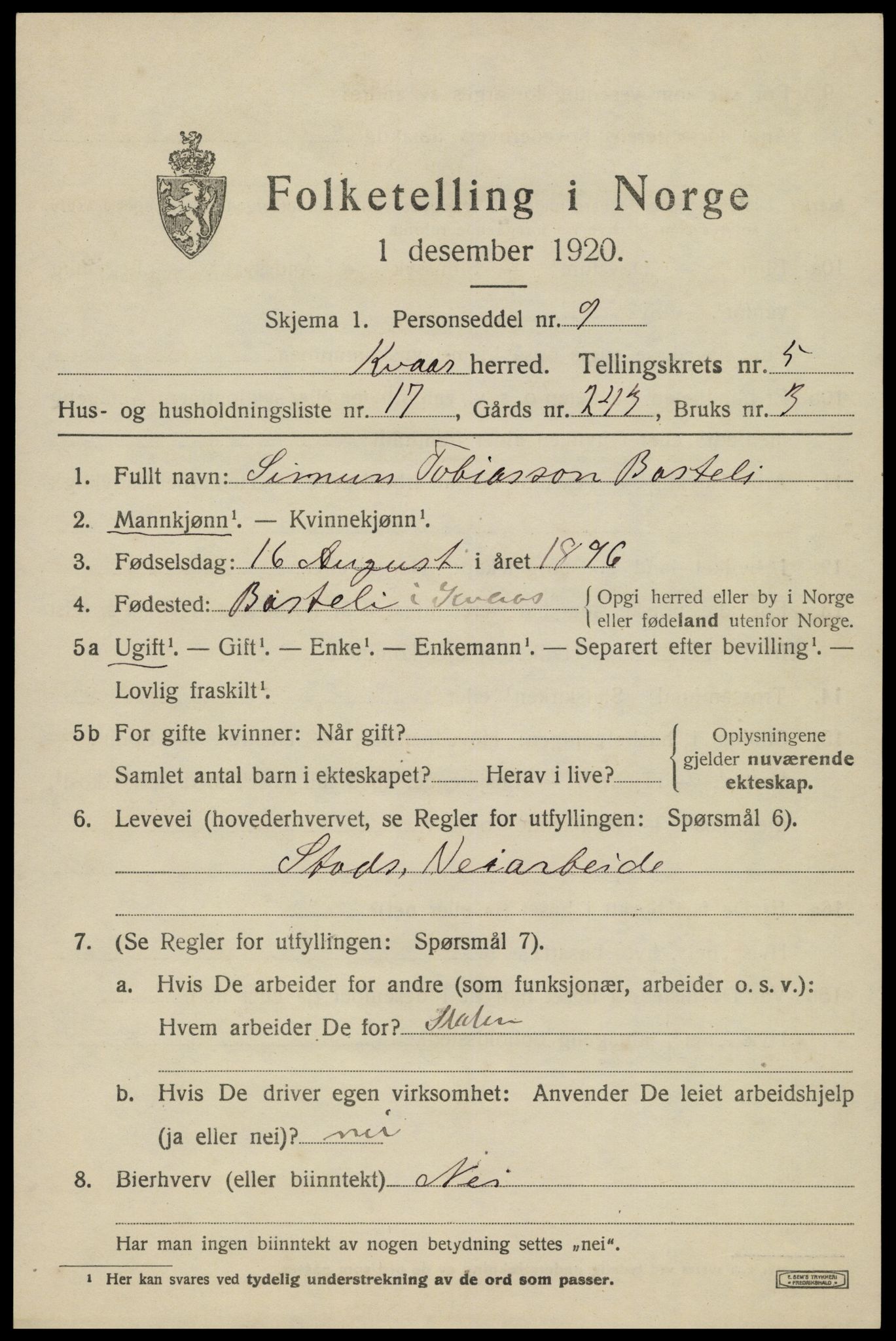 SAK, 1920 census for Kvås, 1920, p. 1488