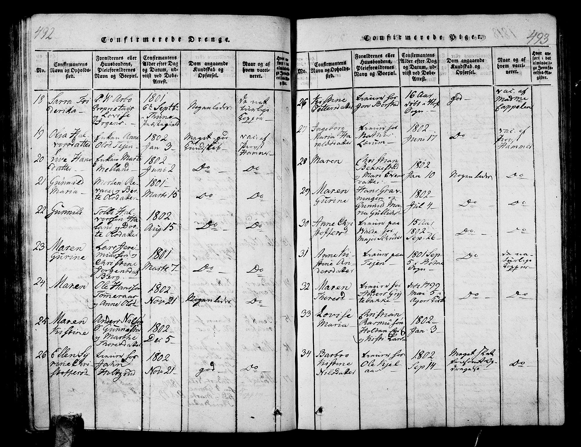 Sande Kirkebøker, SAKO/A-53/G/Ga/L0001: Parish register (copy) no. 1, 1814-1847, p. 492-493