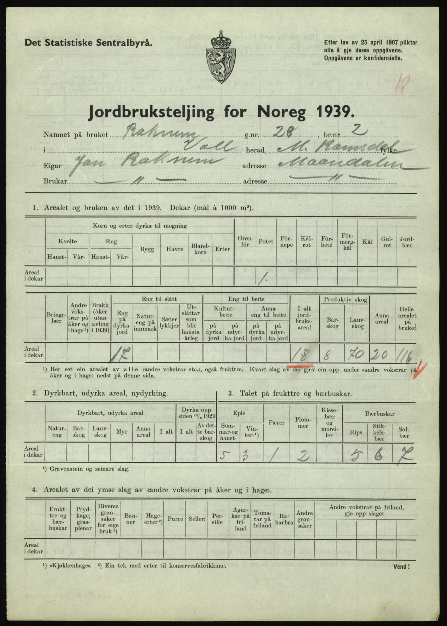 Statistisk sentralbyrå, Næringsøkonomiske emner, Jordbruk, skogbruk, jakt, fiske og fangst, AV/RA-S-2234/G/Gb/L0251: Møre og Romsdal: Voll, Eid, Grytten og Hen, 1939, p. 109