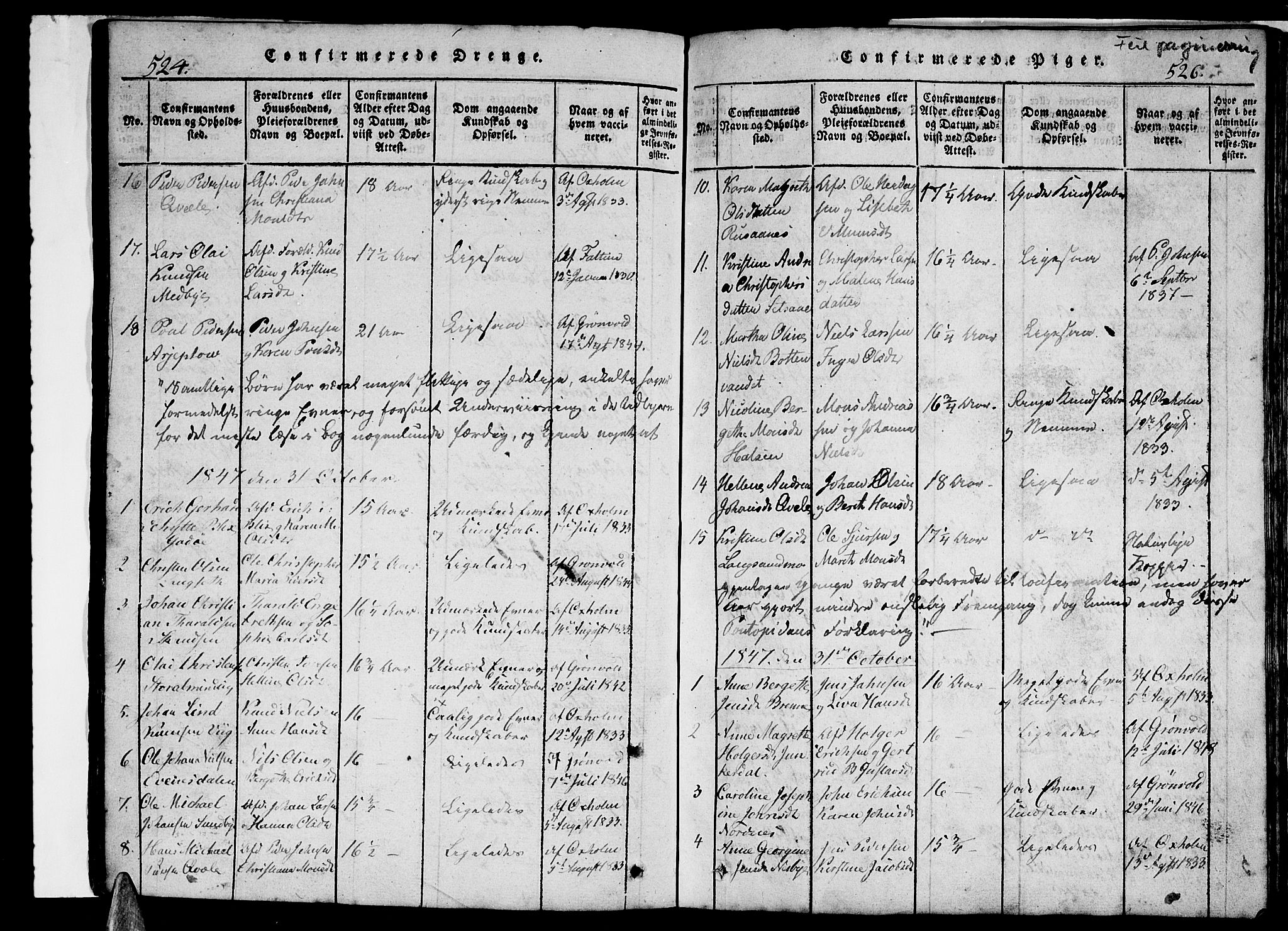 Ministerialprotokoller, klokkerbøker og fødselsregistre - Nordland, AV/SAT-A-1459/847/L0676: Parish register (copy) no. 847C04, 1821-1853, p. 524-526