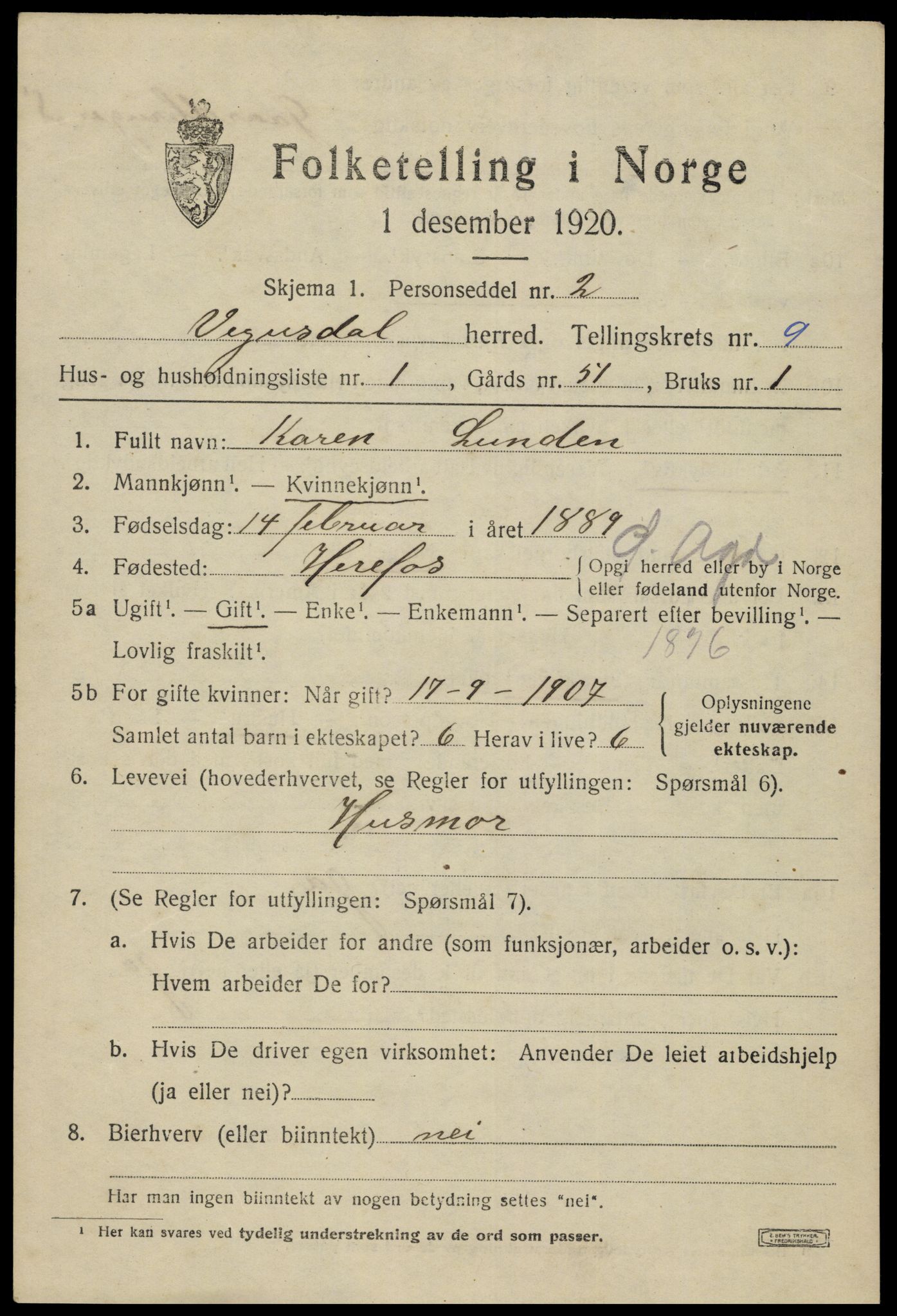 SAK, 1920 census for Vegusdal, 1920, p. 1941