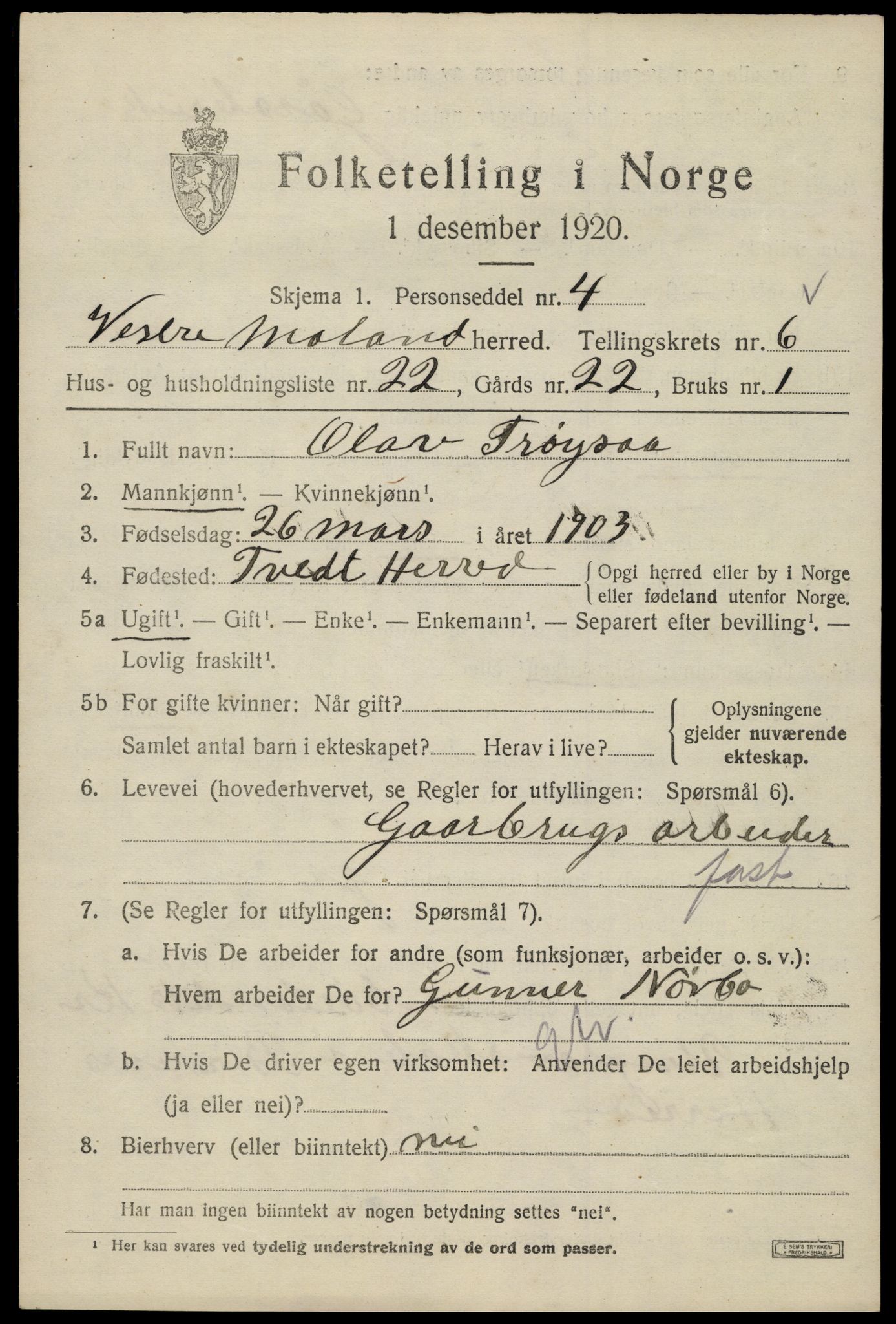 SAK, 1920 census for Vestre Moland, 1920, p. 4763