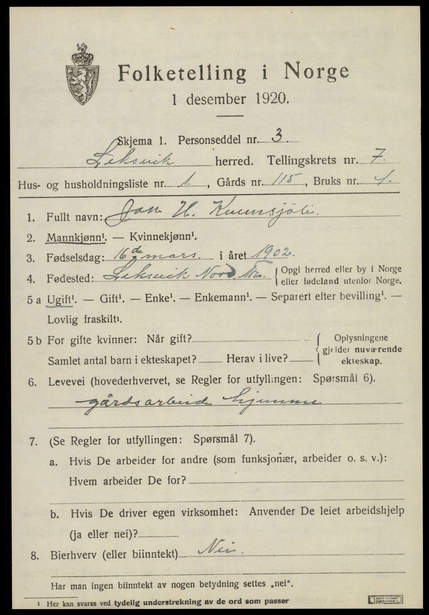 SAT, 1920 census for Leksvik, 1920, p. 6024