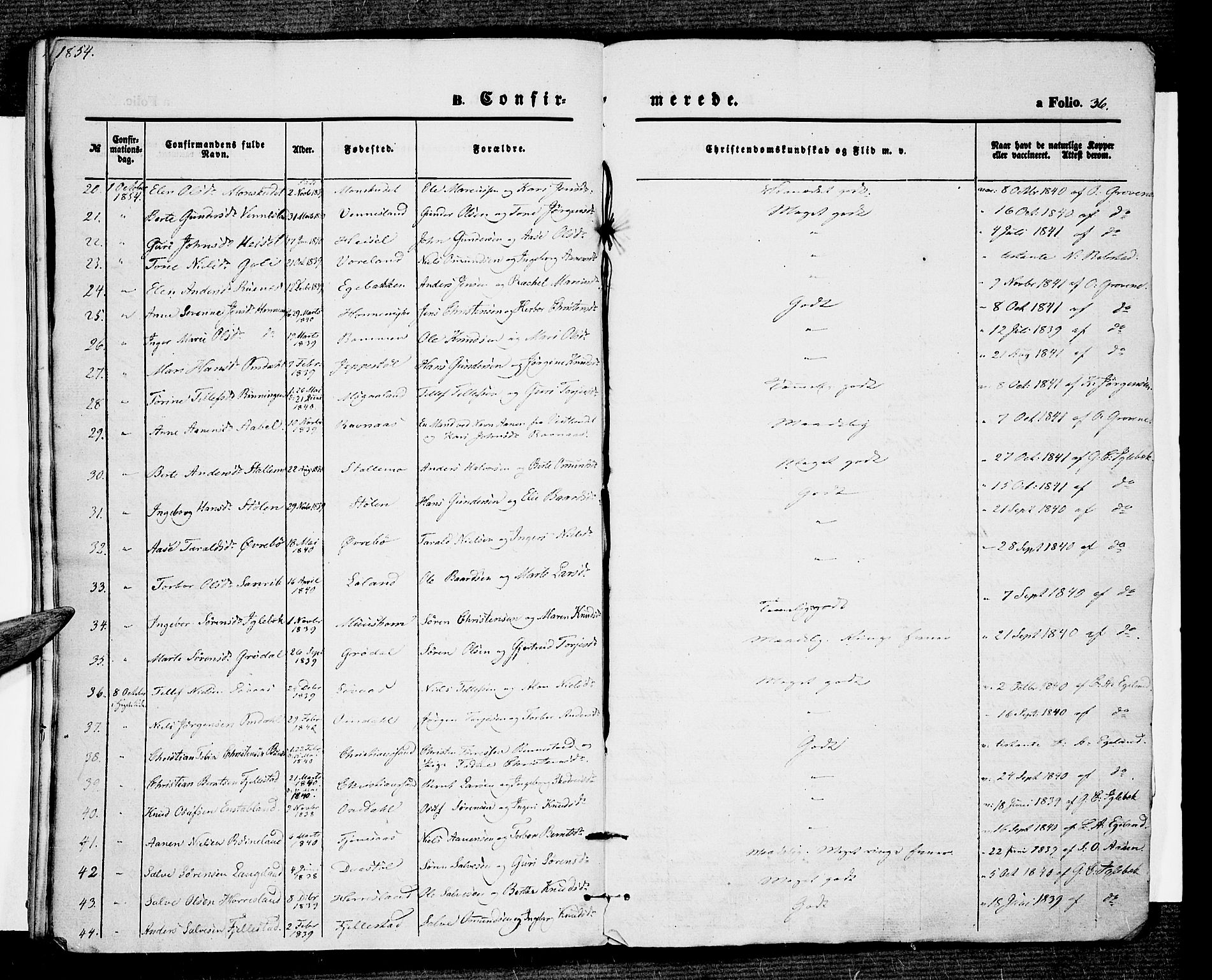 Vennesla sokneprestkontor, AV/SAK-1111-0045/Fa/Fac/L0005: Parish register (official) no. A 5, 1844-1855, p. 36