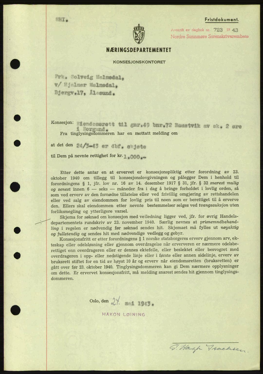 Nordre Sunnmøre sorenskriveri, SAT/A-0006/1/2/2C/2Ca: Mortgage book no. B6-14 a, 1942-1945, Diary no: : 723/1943