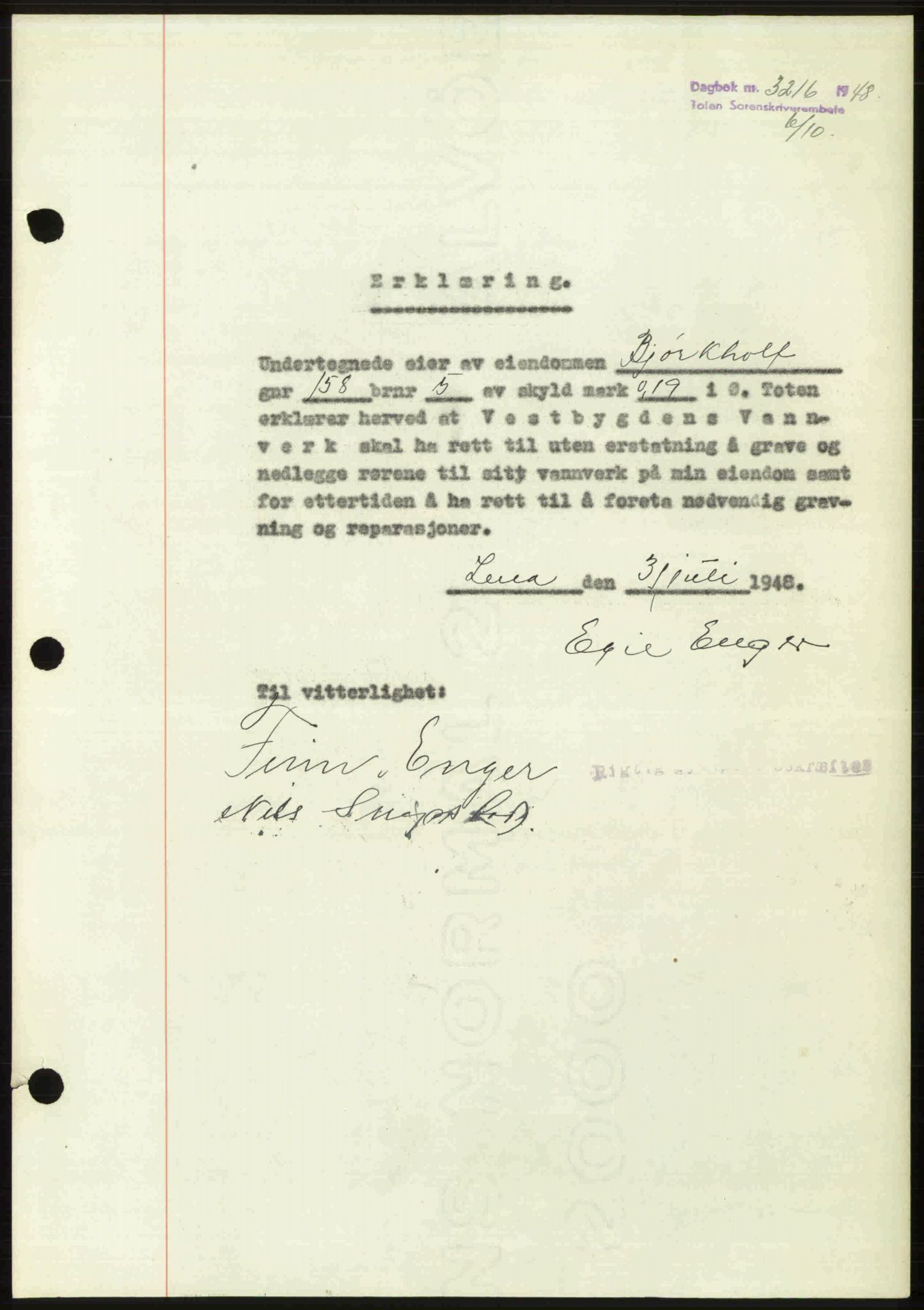 Toten tingrett, SAH/TING-006/H/Hb/Hbc/L0020: Mortgage book no. Hbc-20, 1948-1948, Diary no: : 3216/1948