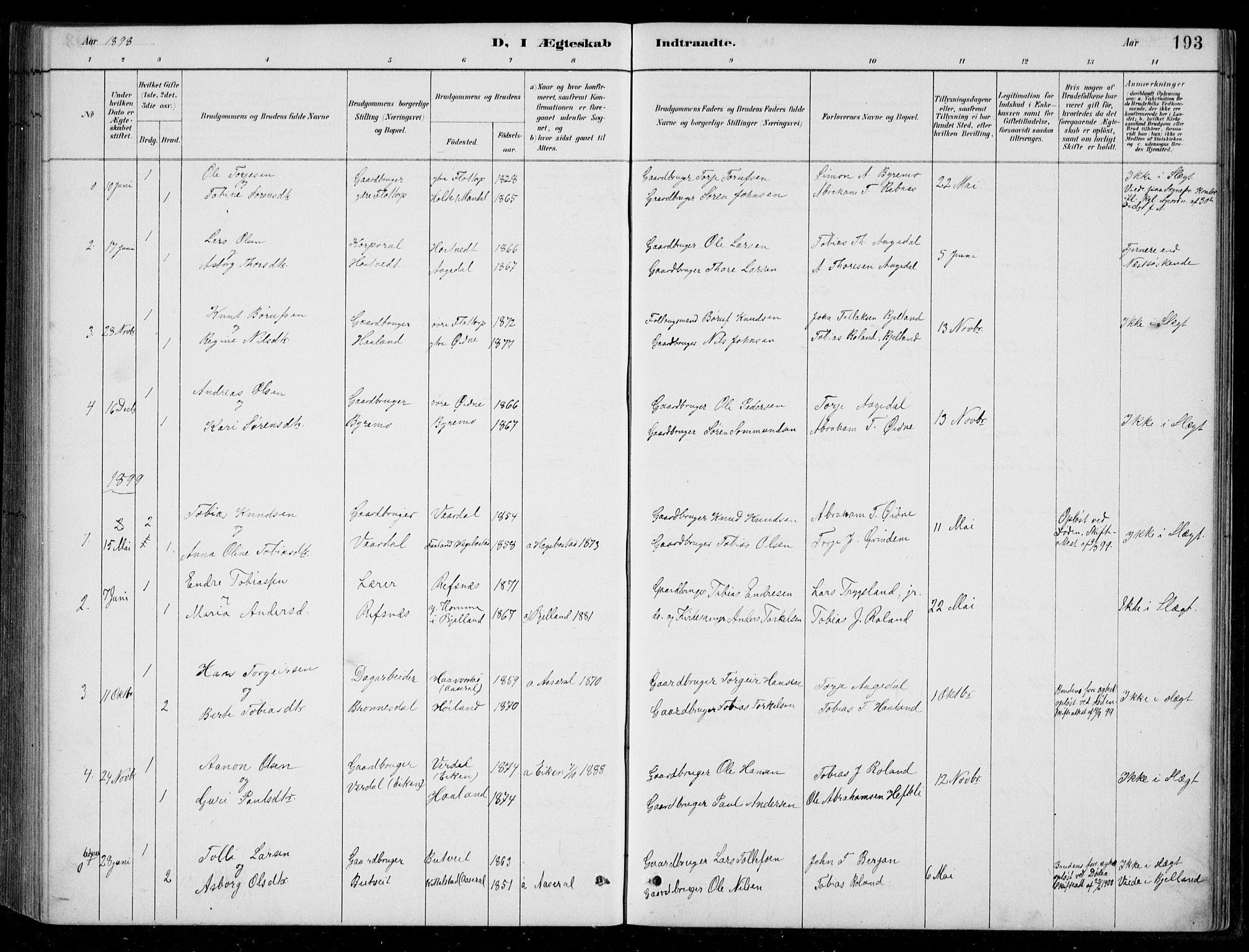 Bjelland sokneprestkontor, SAK/1111-0005/F/Fb/Fbc/L0003: Parish register (copy) no. B 3, 1887-1924, p. 193