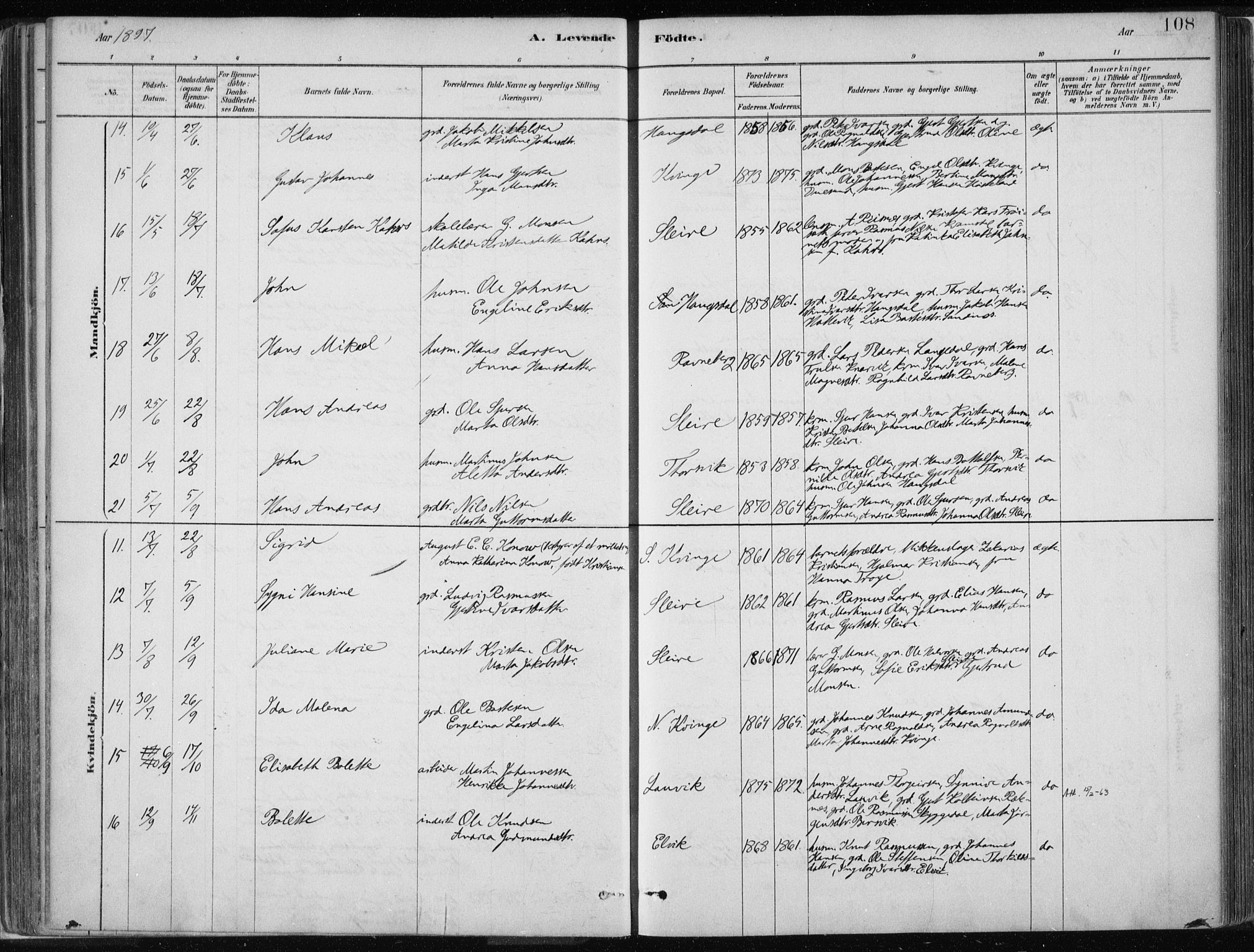 Masfjorden Sokneprestembete, SAB/A-77001: Parish register (official) no. B  1, 1876-1899, p. 108