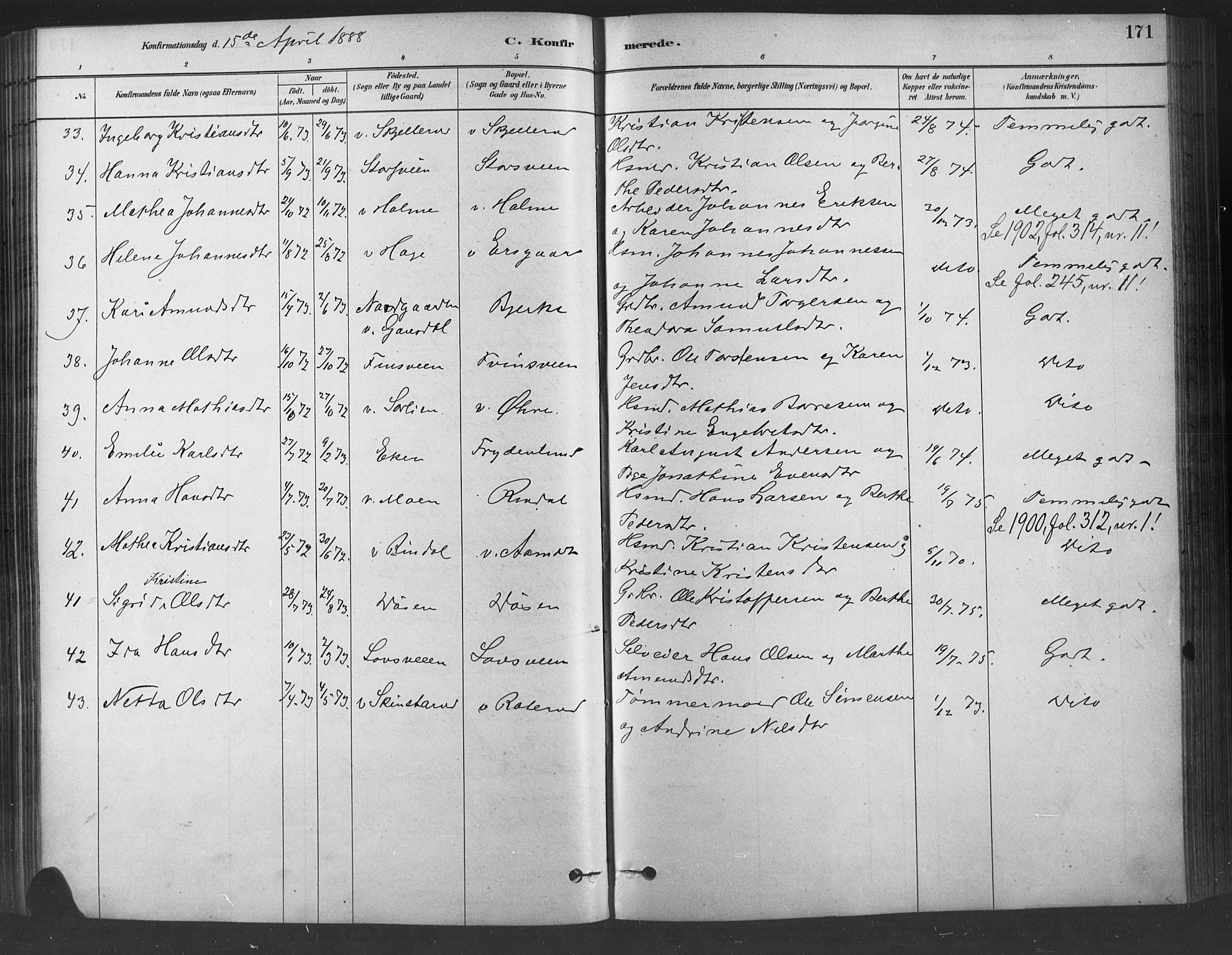 Fåberg prestekontor, SAH/PREST-086/H/Ha/Haa/L0009: Parish register (official) no. 9, 1879-1898, p. 171