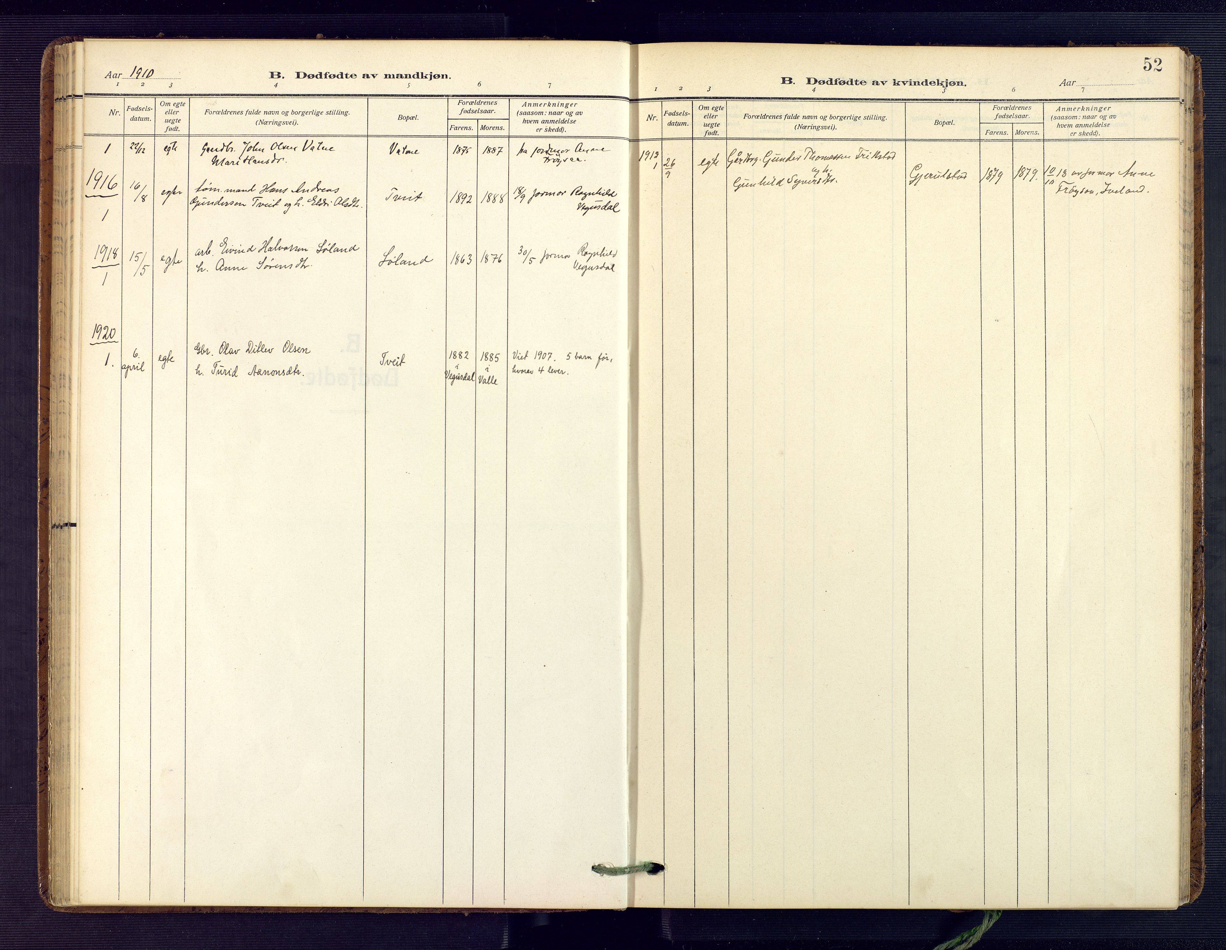 Herefoss sokneprestkontor, SAK/1111-0019/F/Fa/Fab/L0005: Parish register (official) no. A 5, 1910-1932, p. 52