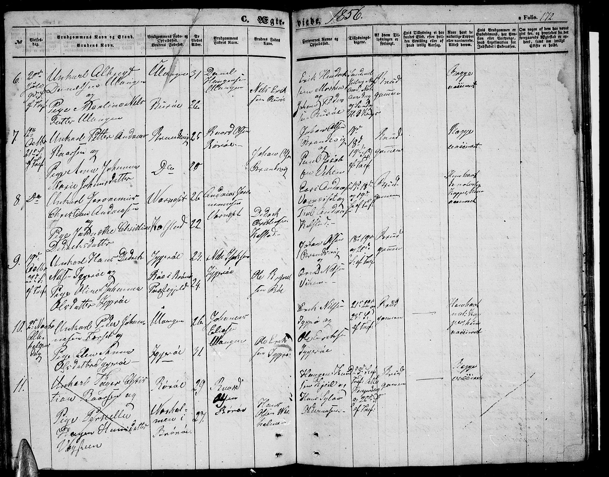 Ministerialprotokoller, klokkerbøker og fødselsregistre - Nordland, AV/SAT-A-1459/816/L0251: Parish register (copy) no. 816C01, 1852-1870, p. 172