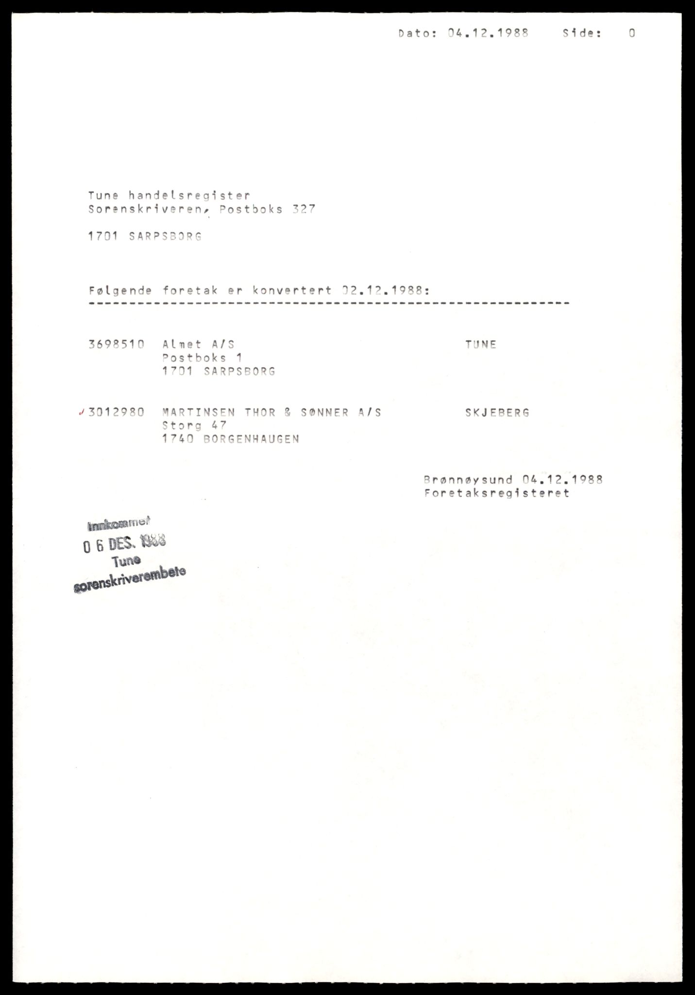 Tune sorenskriveri, SAT/A-10470/K/Ke/Keb/L0001: Enkeltmannsforetak, aksjeselskap og andelslag, A - P, 1944-1990, p. 1