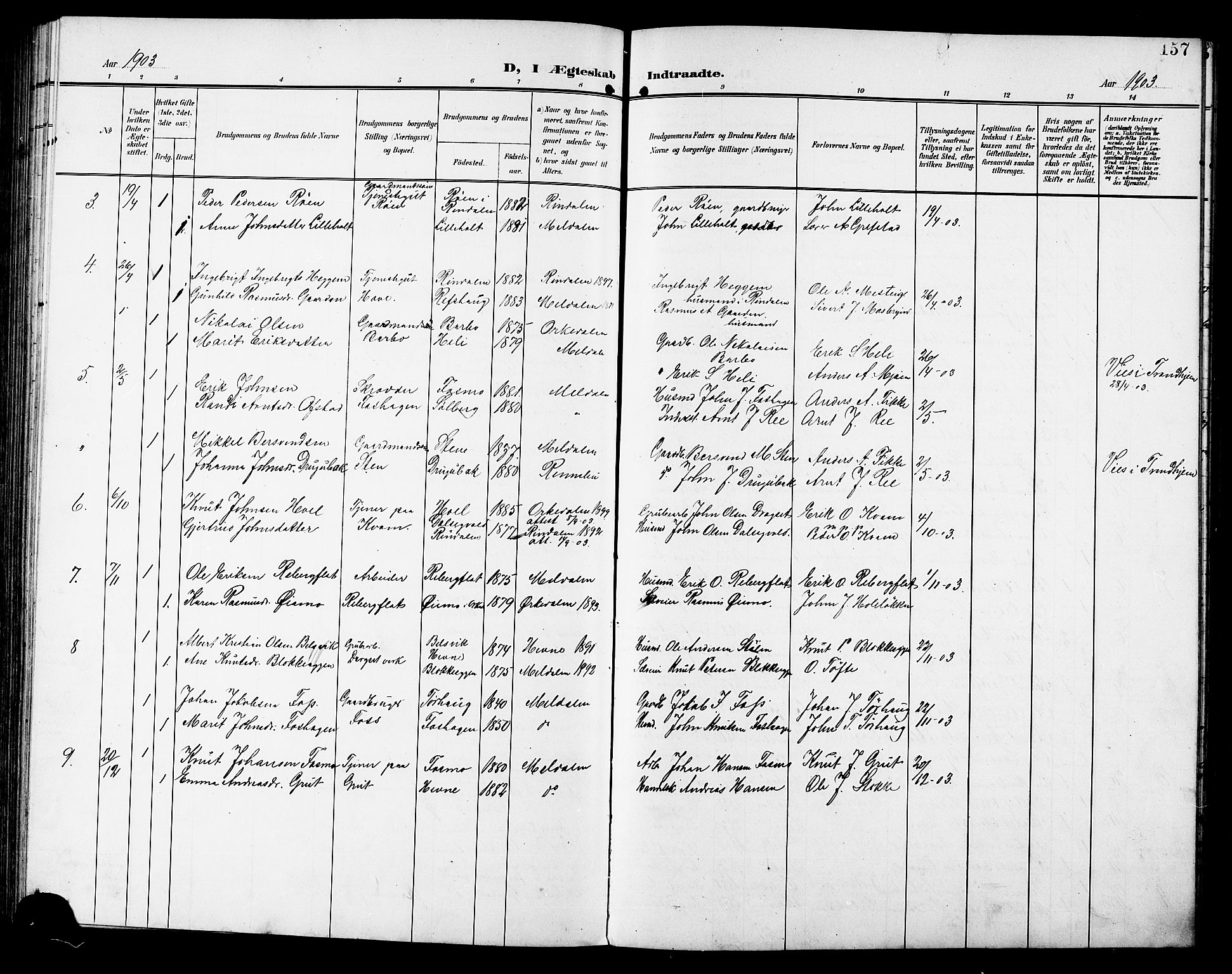 Ministerialprotokoller, klokkerbøker og fødselsregistre - Sør-Trøndelag, SAT/A-1456/672/L0864: Parish register (copy) no. 672C03, 1902-1914, p. 157