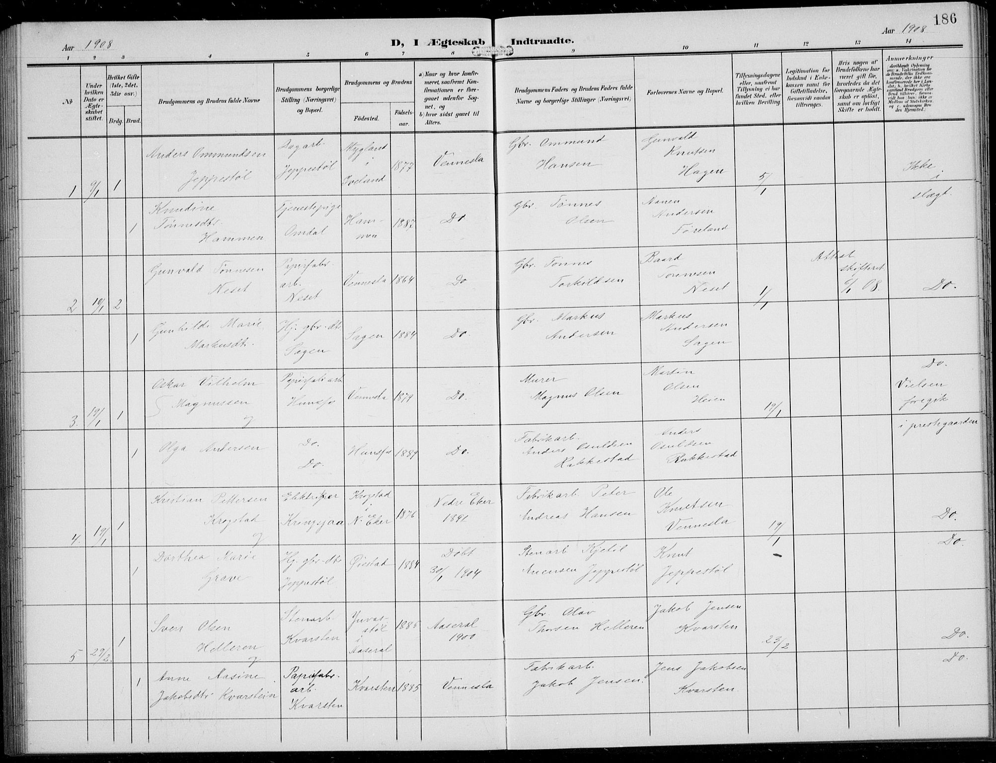 Vennesla sokneprestkontor, SAK/1111-0045/Fb/Fbb/L0005: Parish register (copy) no. B 5, 1903-1913, p. 186