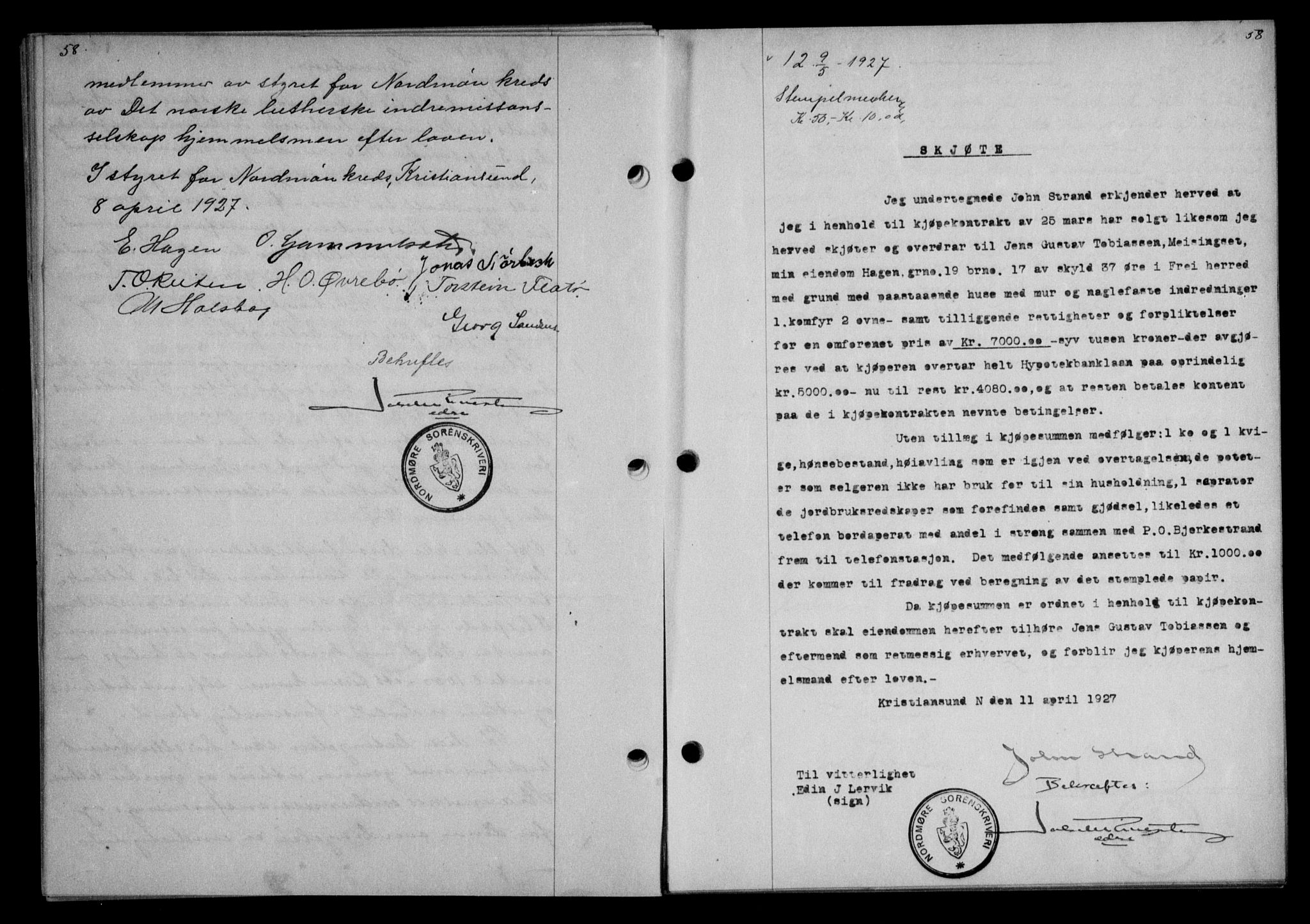 Nordmøre sorenskriveri, AV/SAT-A-4132/1/2/2Ca/L0062: Mortgage book no. 52, 1927-1927, Deed date: 09.05.1927