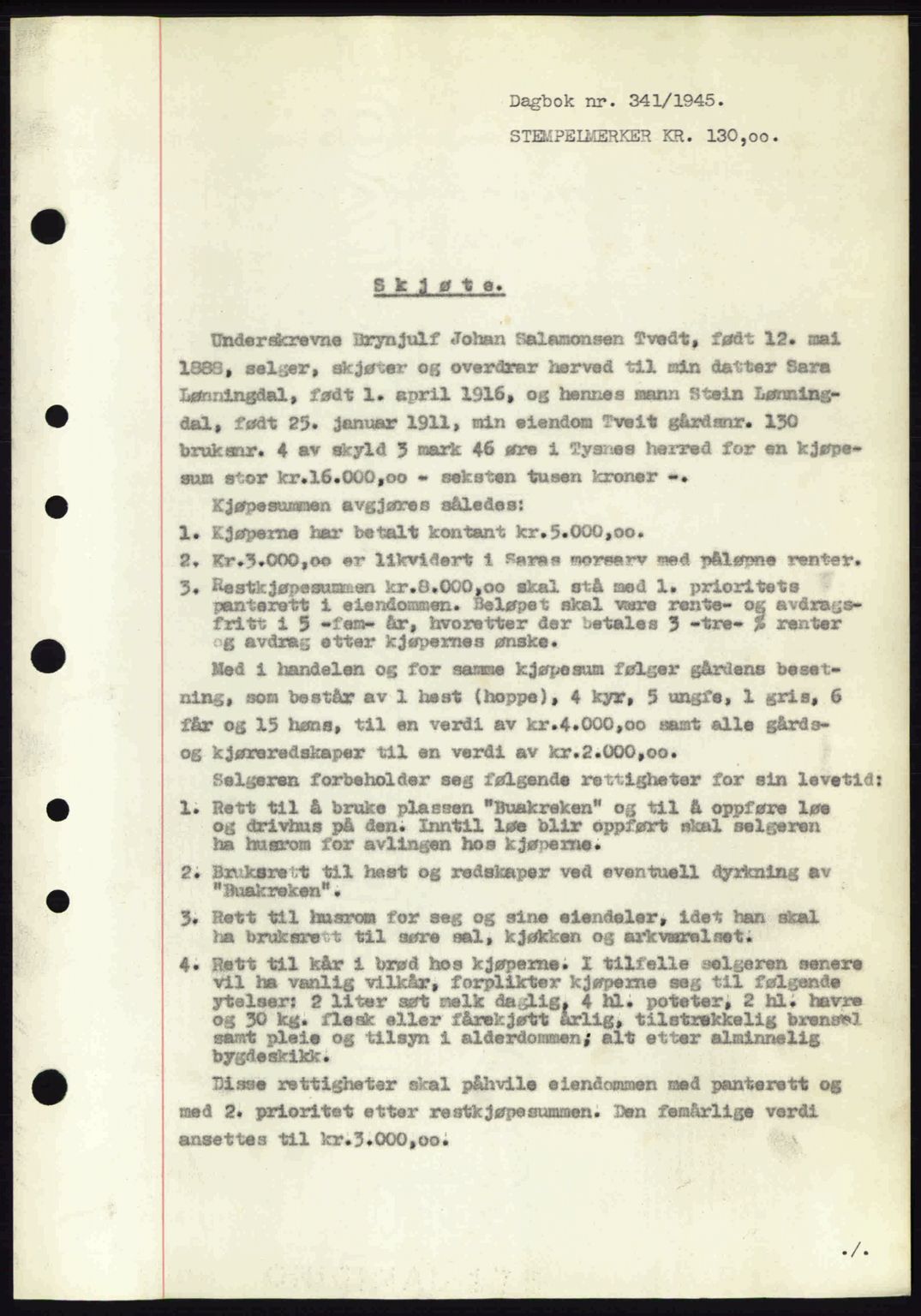 Sunnhordland sorenskrivar, AV/SAB-A-2401: Mortgage book no. A76, 1944-1945, Diary no: : 341/1945