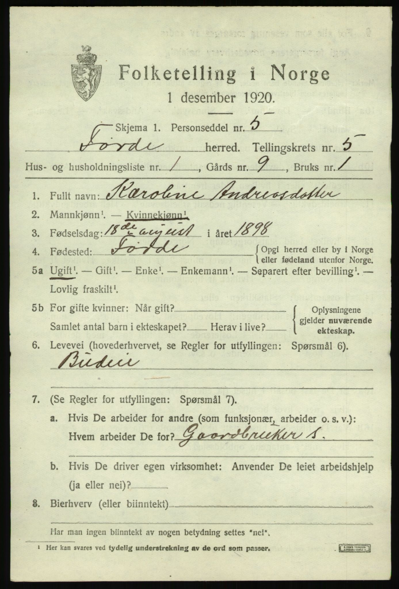 SAB, 1920 census for Førde, 1920, p. 1548