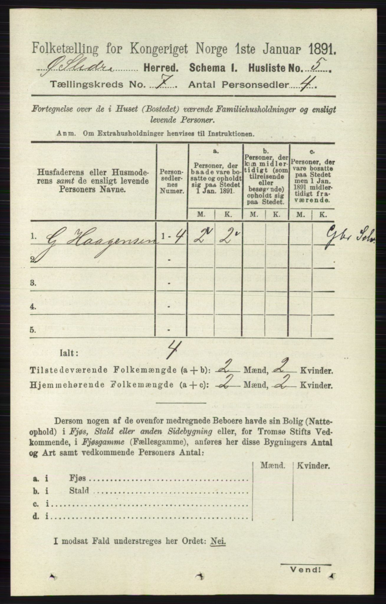 RA, 1891 census for 0544 Øystre Slidre, 1891, p. 2121