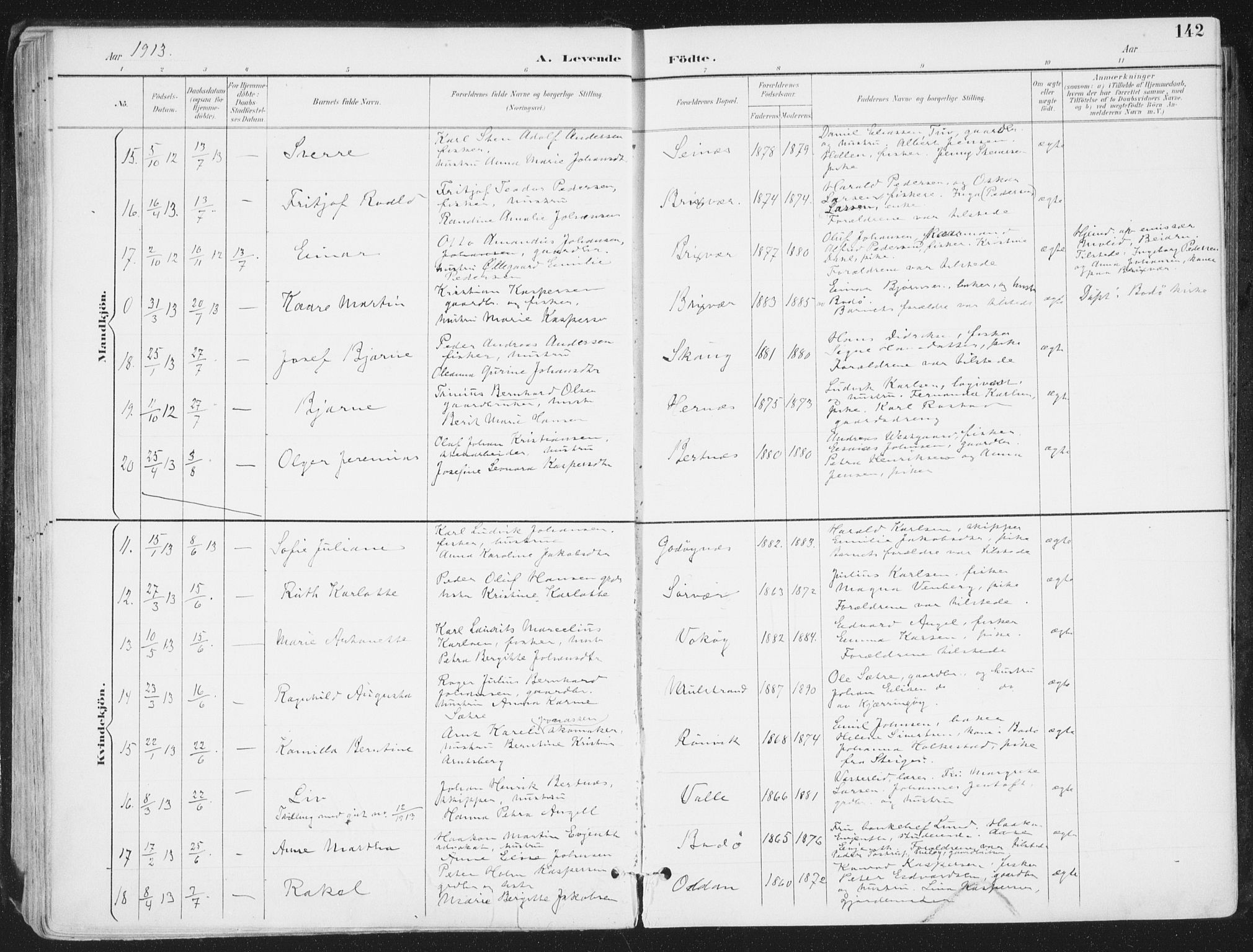 Ministerialprotokoller, klokkerbøker og fødselsregistre - Nordland, SAT/A-1459/802/L0055: Parish register (official) no. 802A02, 1894-1915, p. 142
