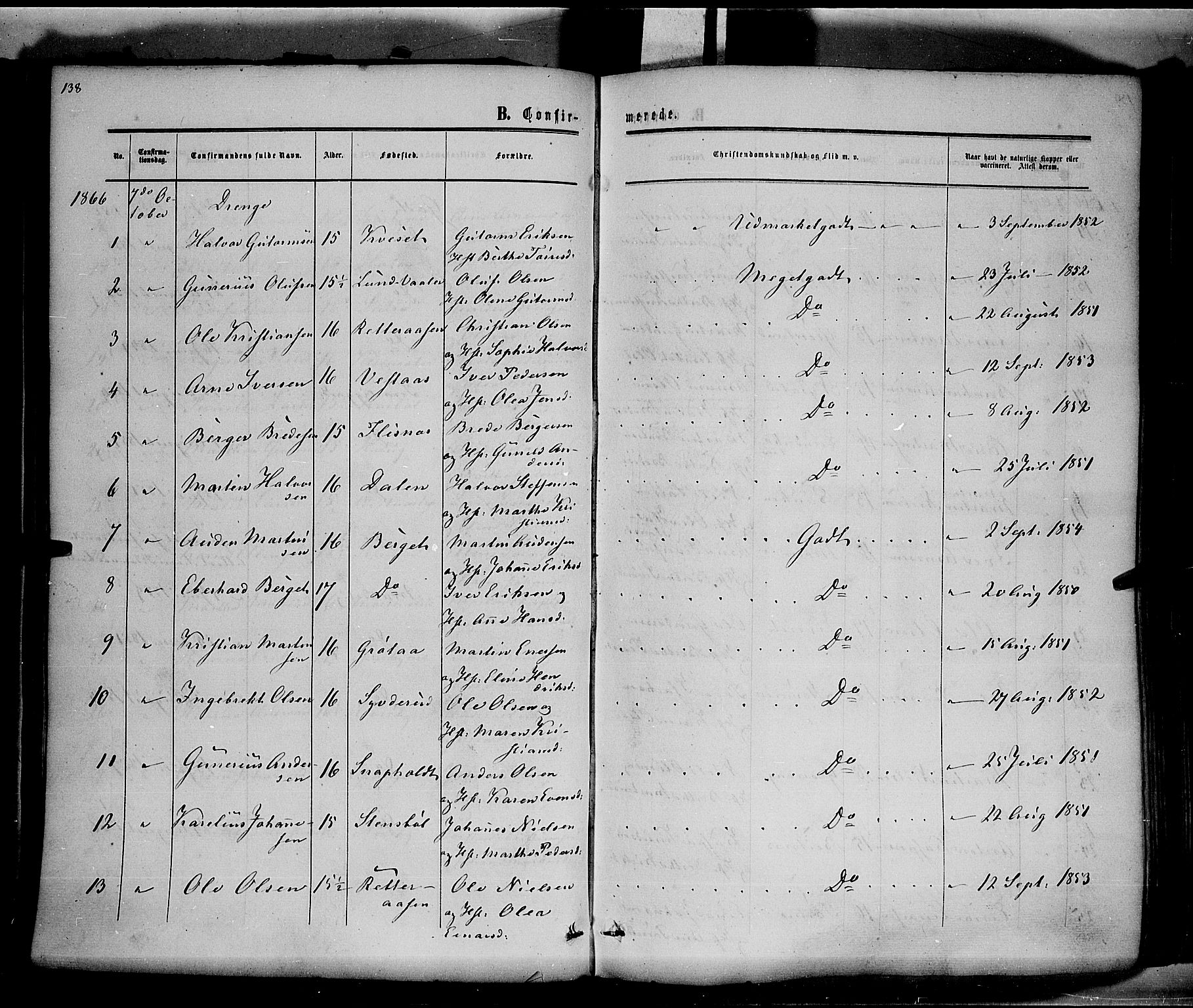 Hof prestekontor, SAH/PREST-038/H/Ha/Haa/L0009: Parish register (official) no. 9, 1862-1877, p. 138
