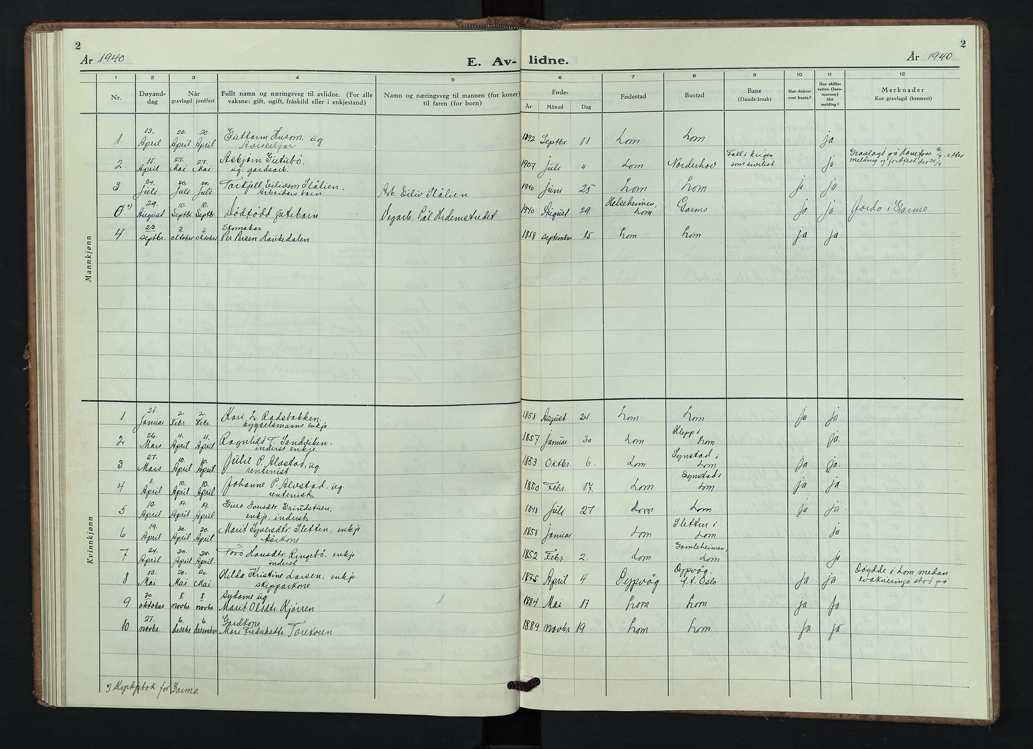 Lom prestekontor, SAH/PREST-070/L/L0009: Parish register (copy) no. 9, 1939-1947, p. 2