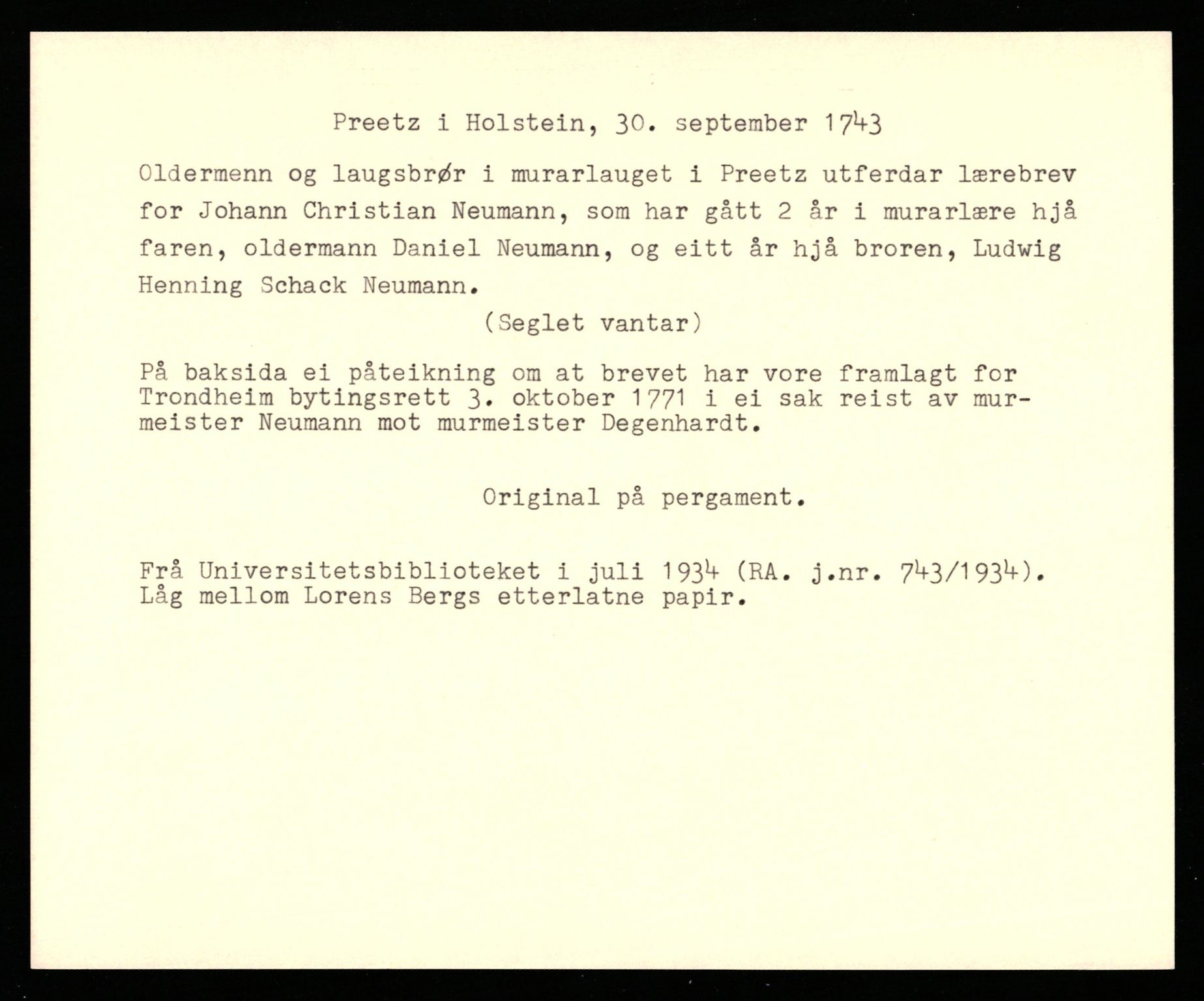 Riksarkivets diplomsamling, AV/RA-EA-5965/F35/F35c/L0011: Riksarkivets diplomer, pergament, 1672-1823, p. 77