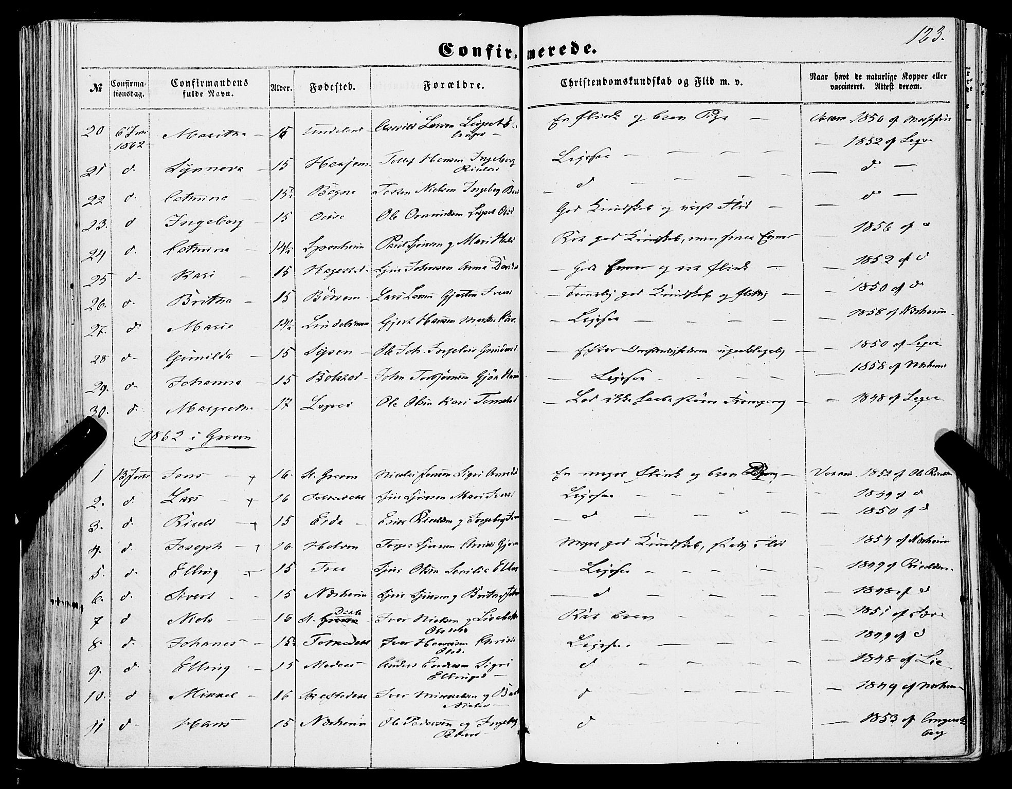 Ulvik sokneprestembete, SAB/A-78801/H/Haa: Parish register (official) no. A 13, 1853-1863, p. 123