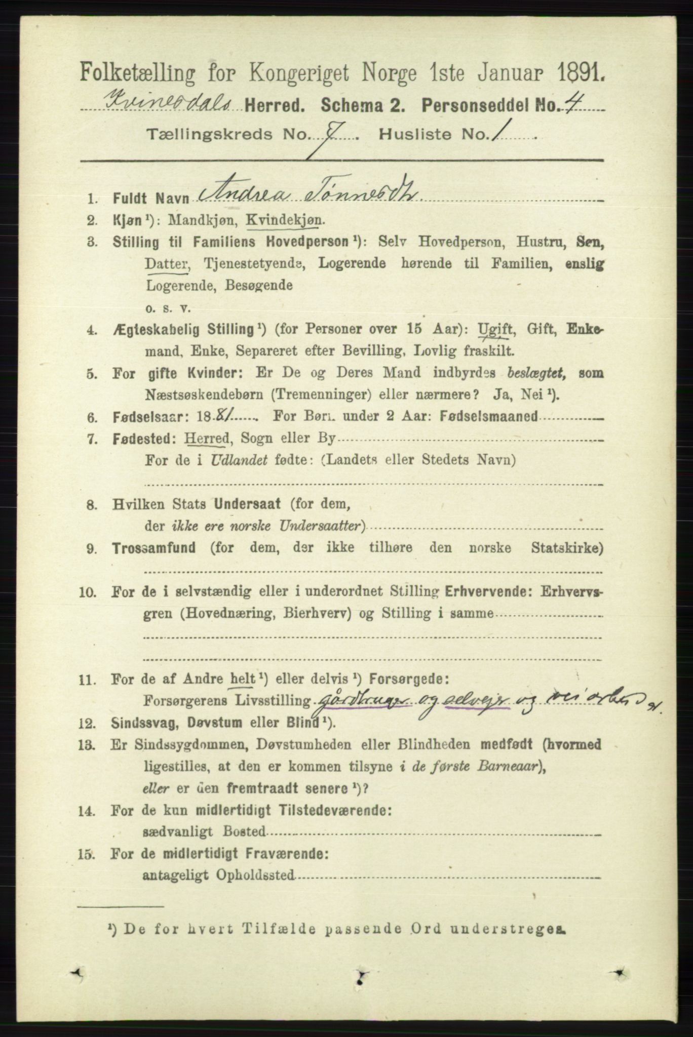 RA, 1891 census for 1037 Kvinesdal, 1891, p. 2424