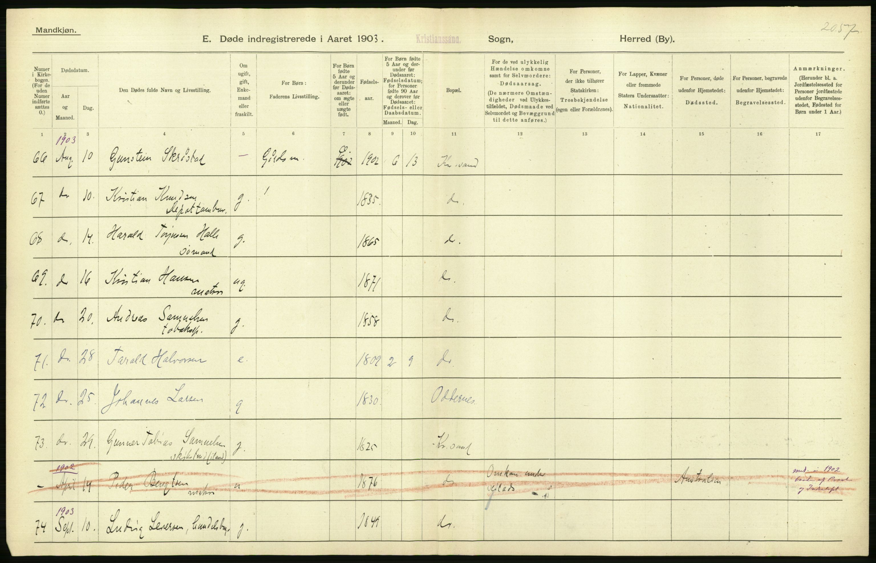 Statistisk sentralbyrå, Sosiodemografiske emner, Befolkning, AV/RA-S-2228/D/Df/Dfa/Dfaa/L0011: Lister og Mandal amt: Fødte, gifte, døde, 1903, p. 538