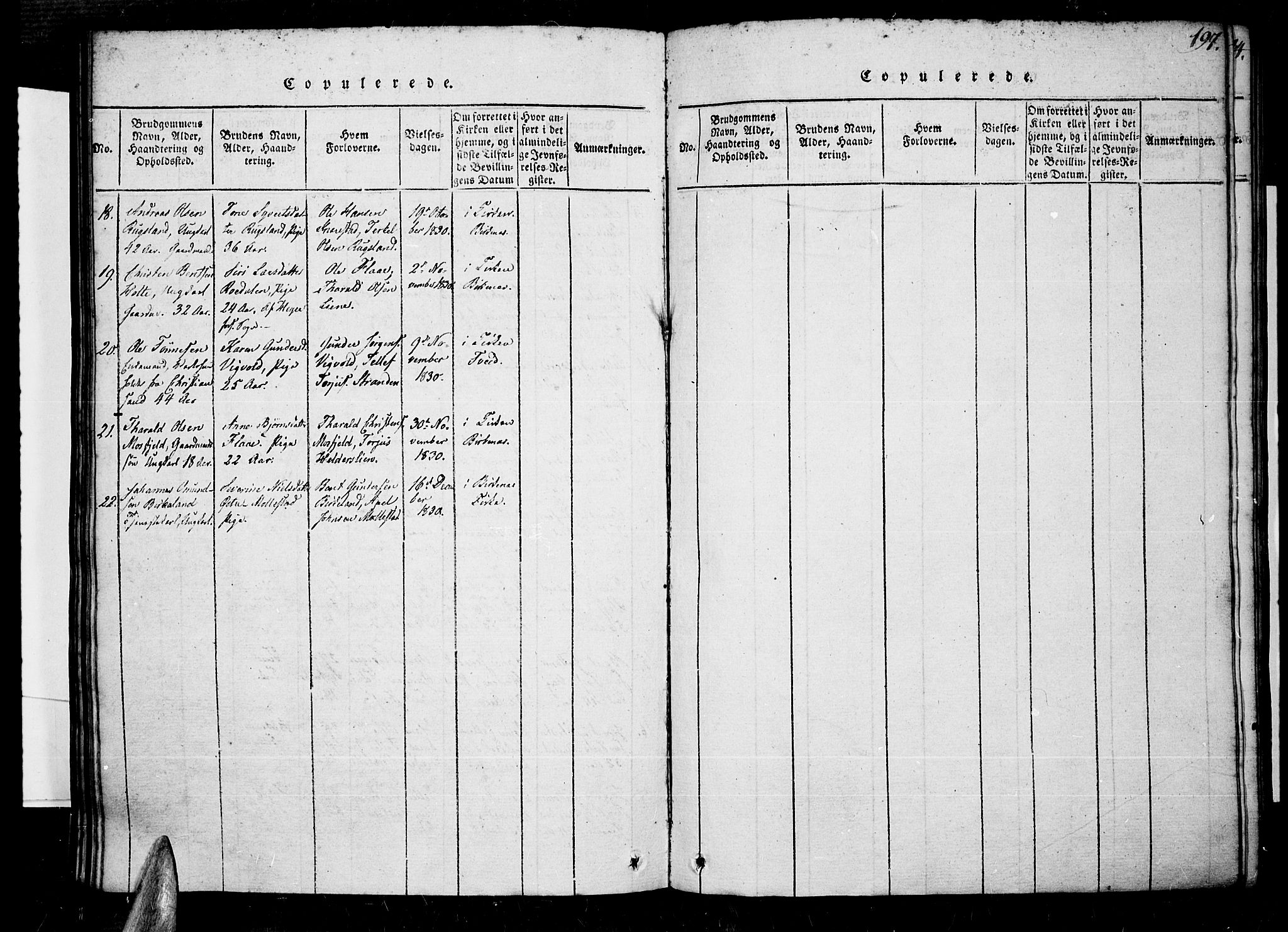 Tveit sokneprestkontor, AV/SAK-1111-0043/F/Fa/L0002: Parish register (official) no. A 2, 1820-1830, p. 197