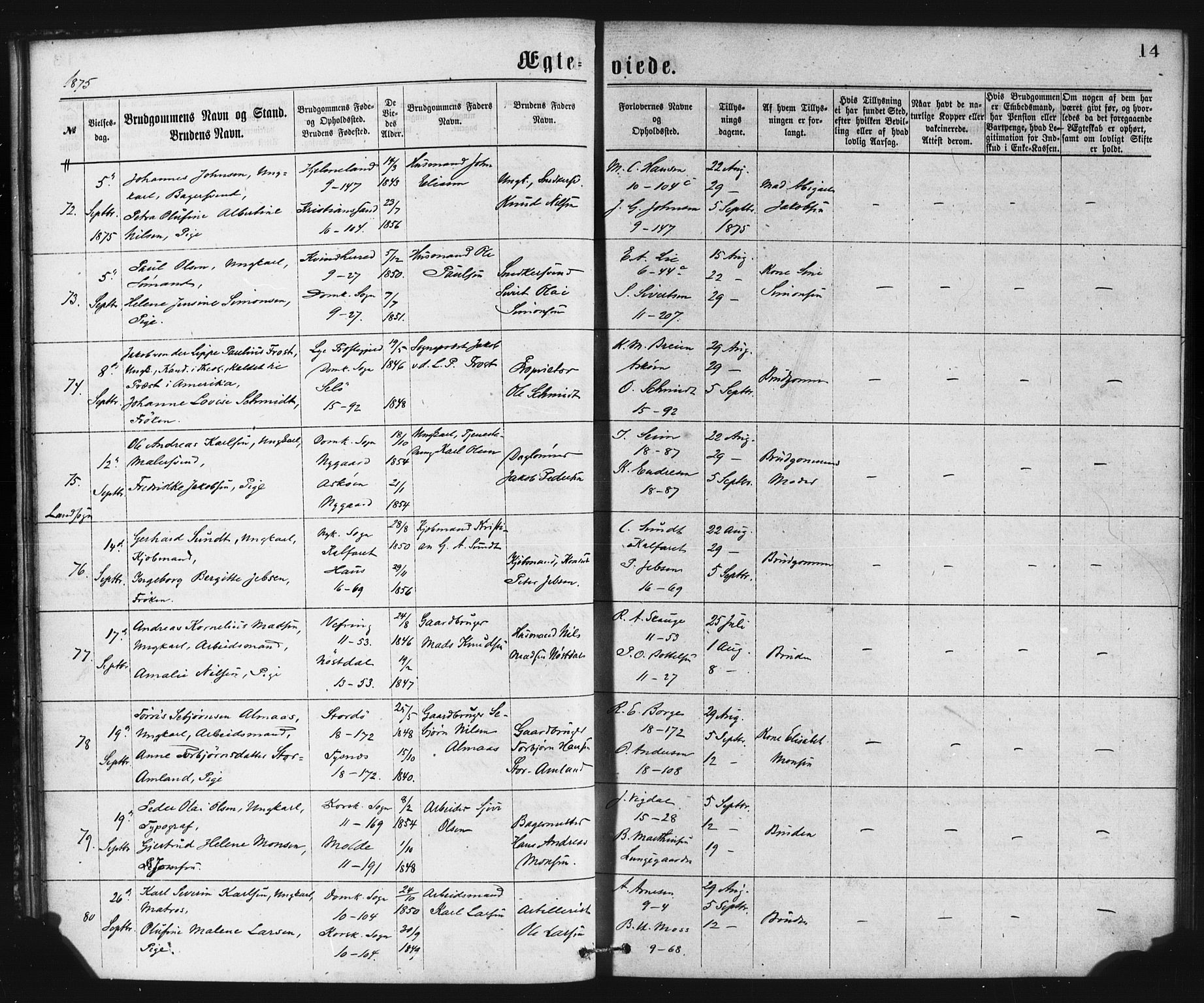 Domkirken sokneprestembete, SAB/A-74801/H/Haa/L0036: Parish register (official) no. D 3, 1875-1880, p. 14