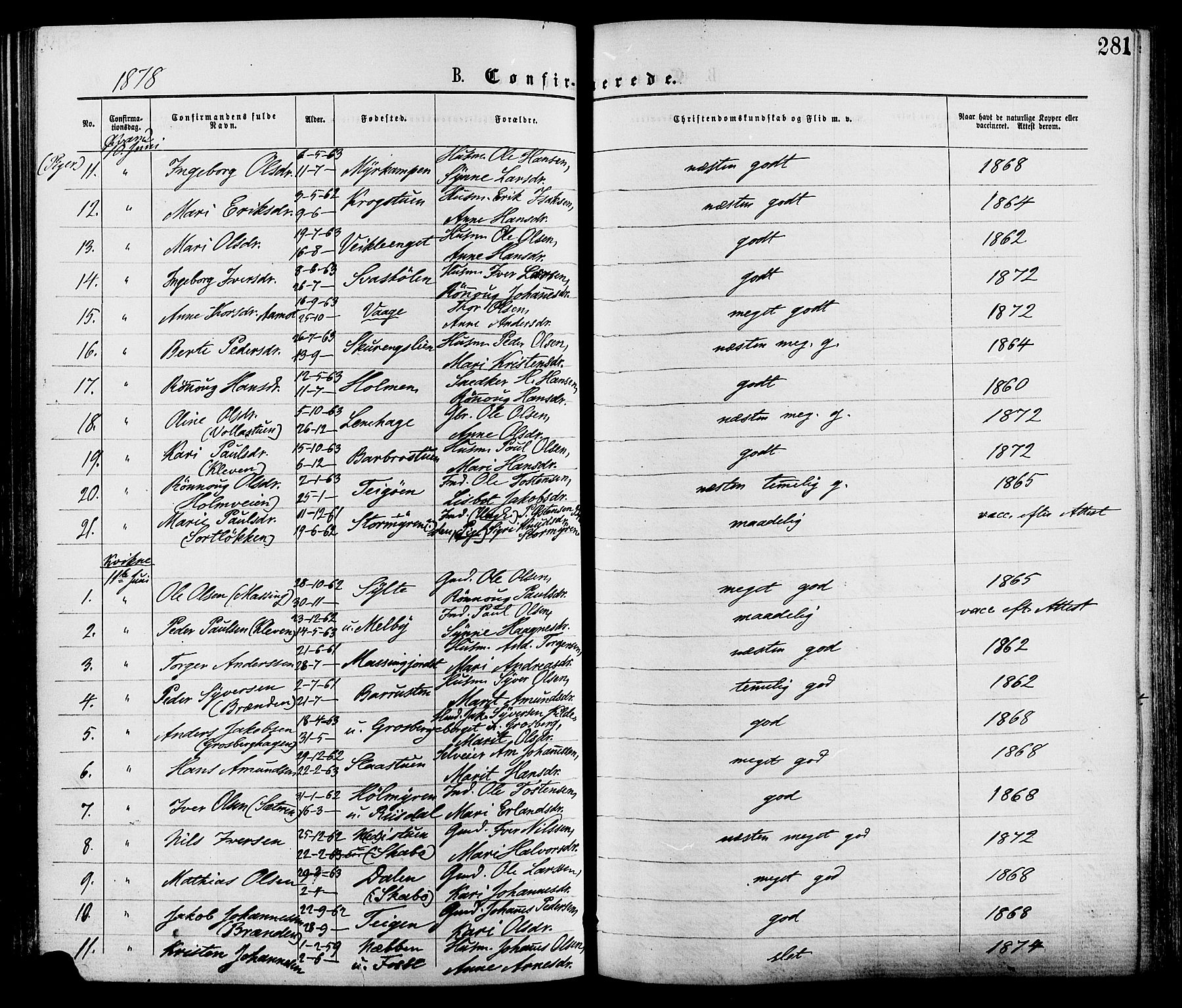 Nord-Fron prestekontor, AV/SAH-PREST-080/H/Ha/Haa/L0002: Parish register (official) no. 2, 1865-1883, p. 281