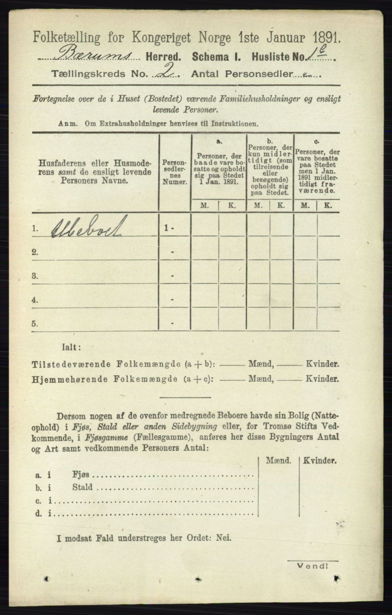 RA, 1891 census for 0219 Bærum, 1891, p. 950