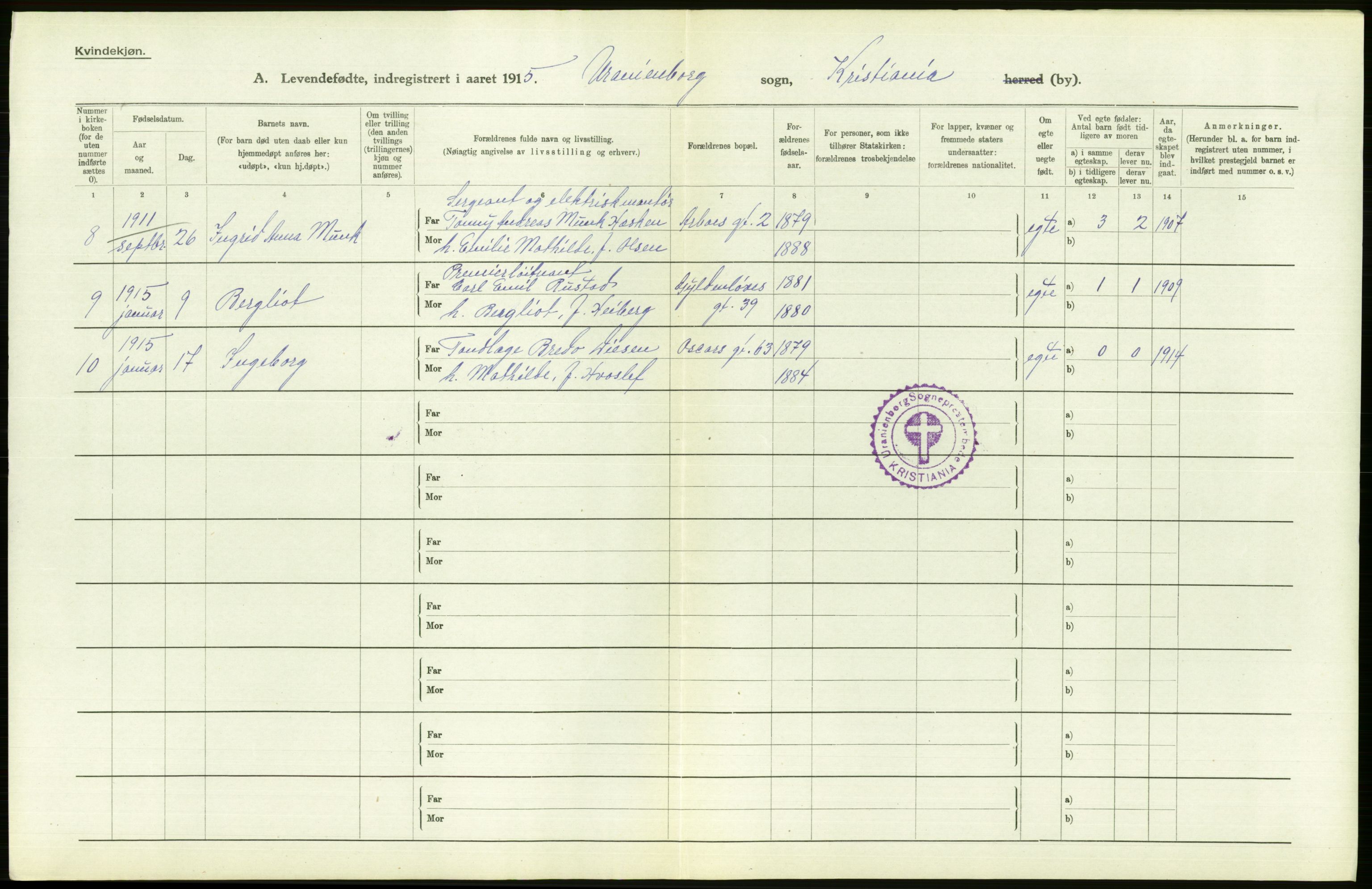 Statistisk sentralbyrå, Sosiodemografiske emner, Befolkning, RA/S-2228/D/Df/Dfb/Dfbe/L0007: Kristiania: Levendefødte menn og kvinner., 1915, p. 546