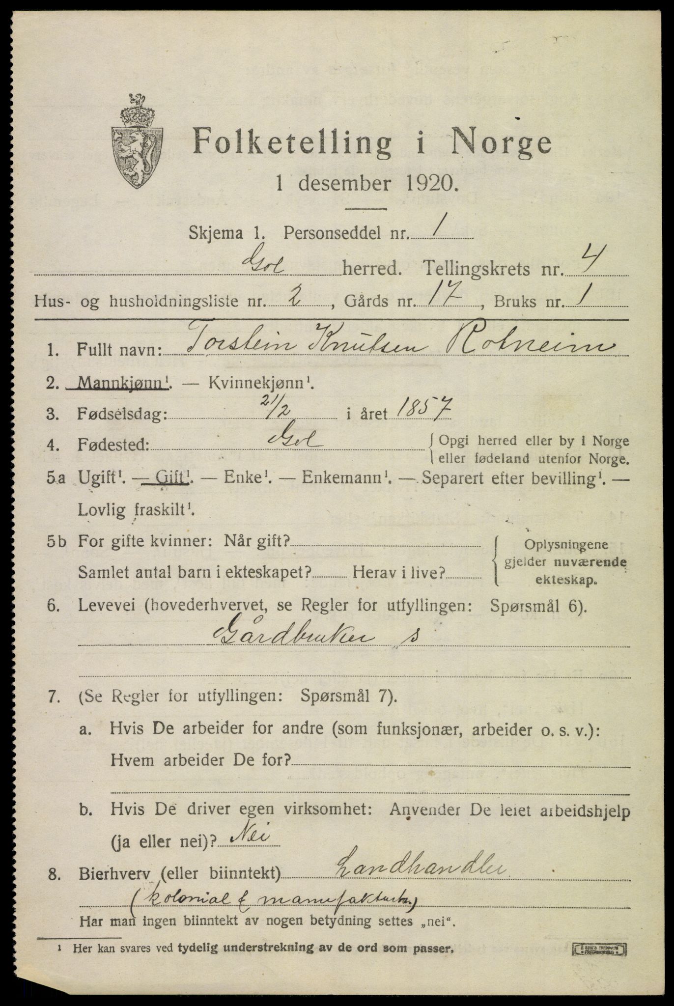 SAKO, 1920 census for Gol, 1920, p. 2742